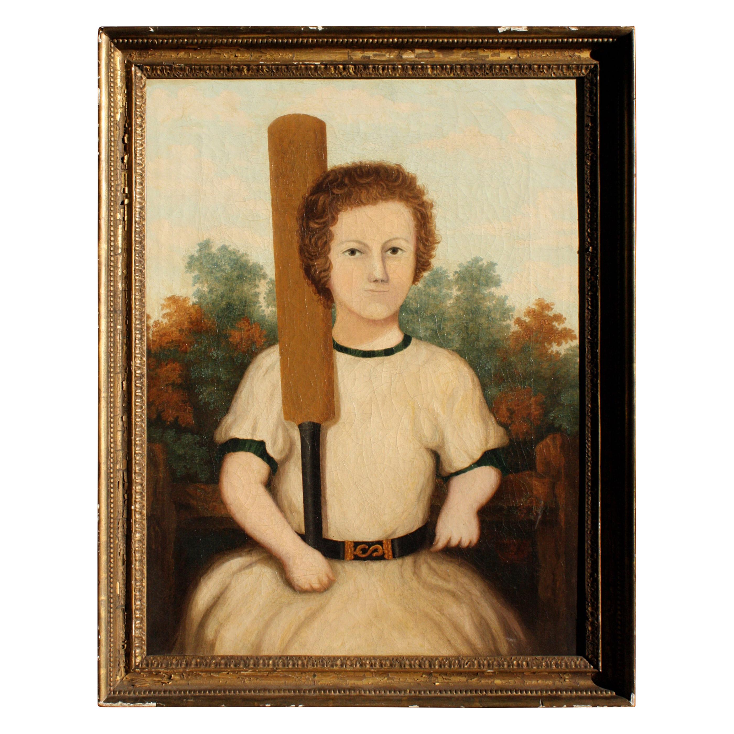 19th Century Folk Art Half Length Portrait the Young Cricketer Oil on Canvas