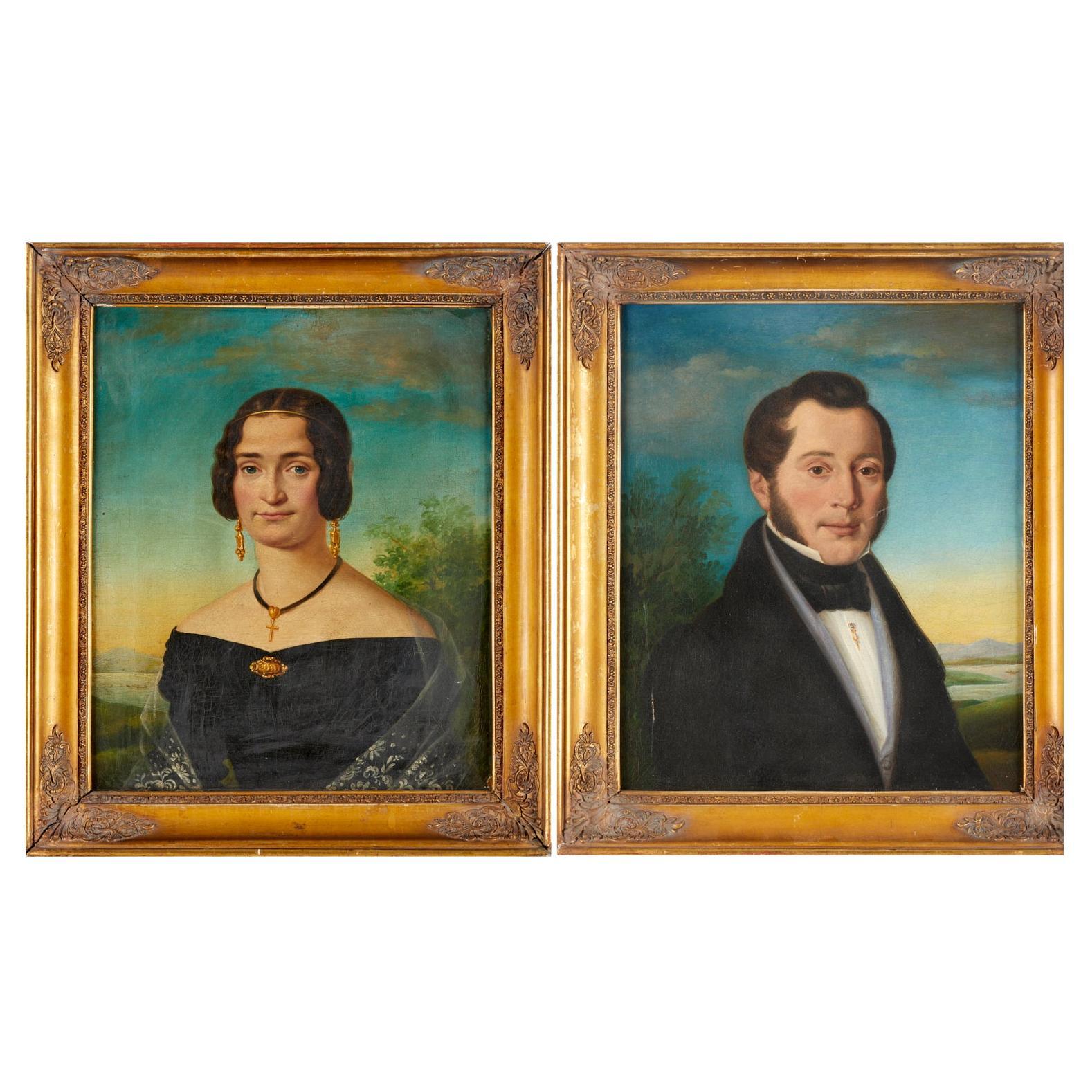 A.I.C., 19e C. Paire de portraits anglais de la Régence encadrés - Huile sur toile en vente