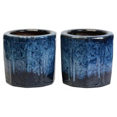 19th C., A Pair of Antique Japanese Shigaraki Blue Glazed Ceramic Pots 'Hibachi'