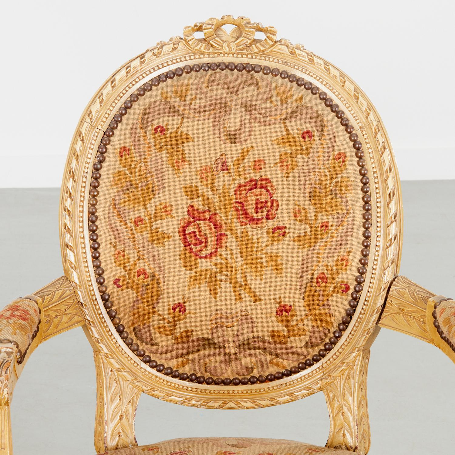 French 19th C., a Pair of Louis XVI Style Painted Carved Wood and Needlepoint Fauteuils For Sale