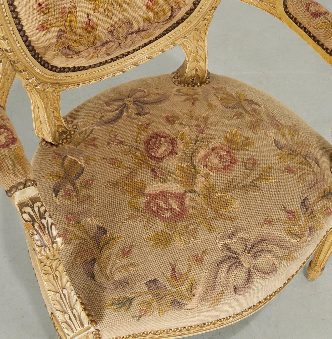 Hand-Carved 19th C., a Pair of Louis XVI Style Painted Carved Wood and Needlepoint Fauteuils For Sale
