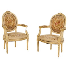 19th C., a Pair of Louis XVI Style Painted Carved Wood and Needlepoint Fauteuils