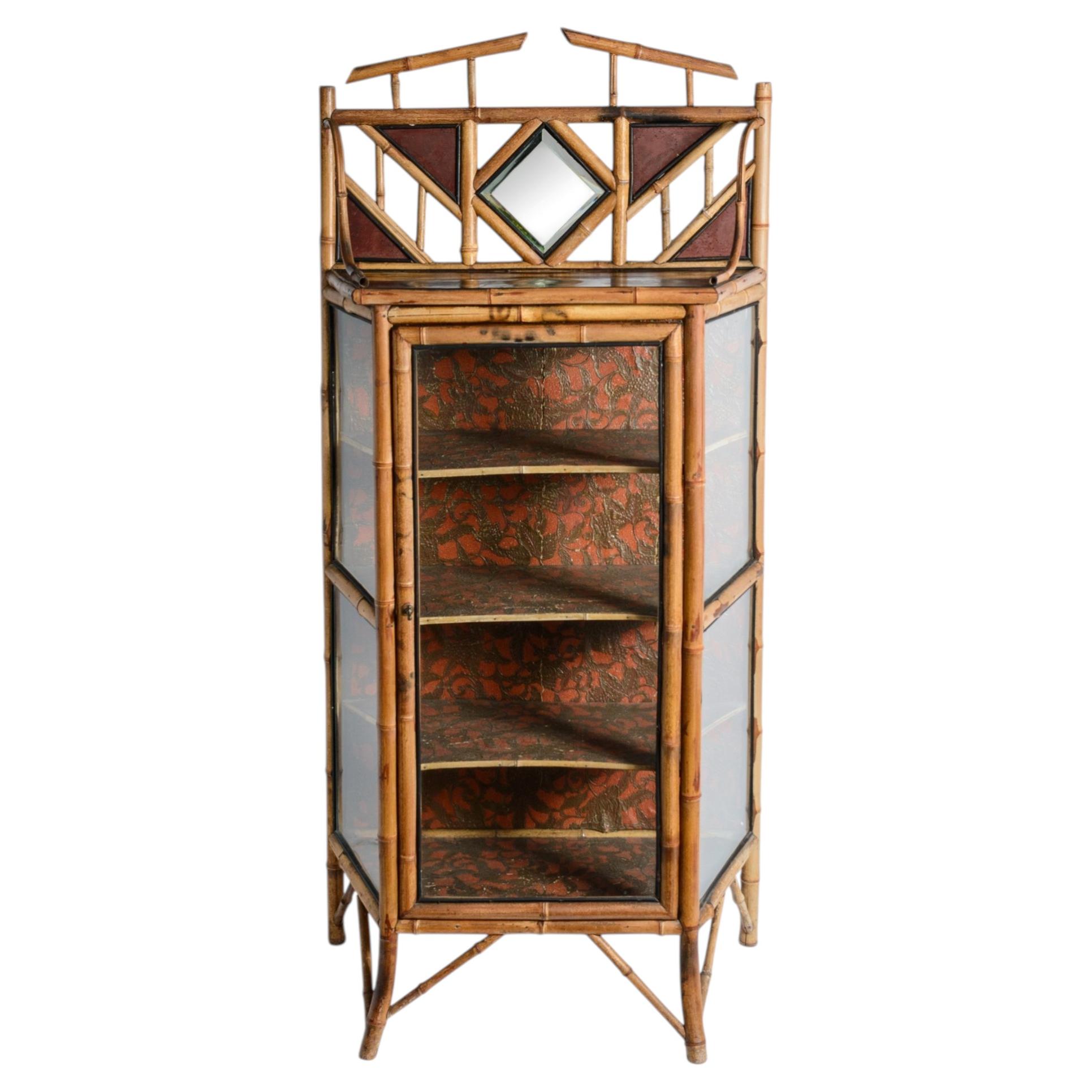 19Th. c. Aesthetic mouvement Bamboo & Glass Cabinet, 1880-1900 For Sale