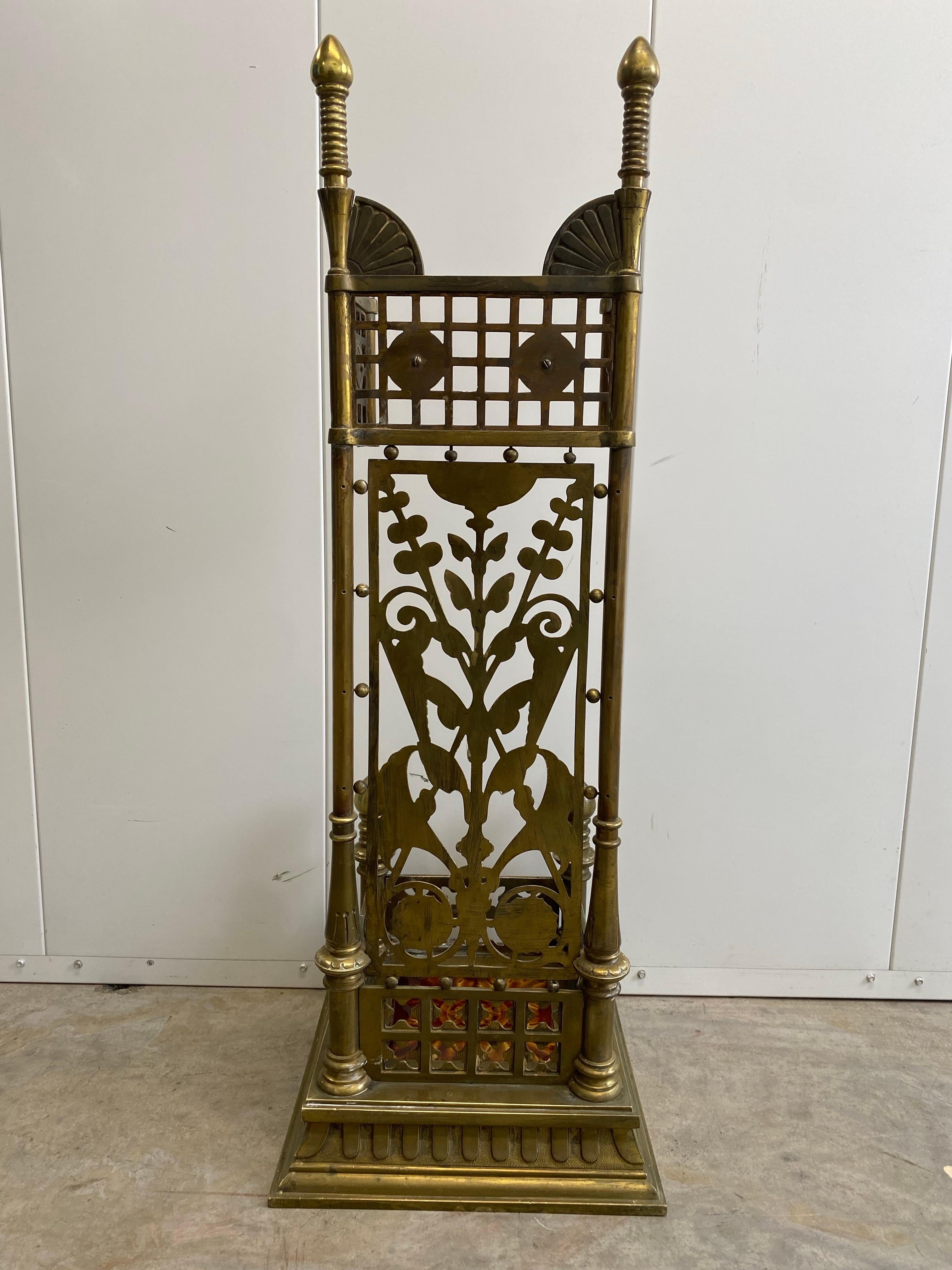 19th c. Aesthetic Movement Brass Fireplace Tools with Kensington Tile in Stand For Sale 5