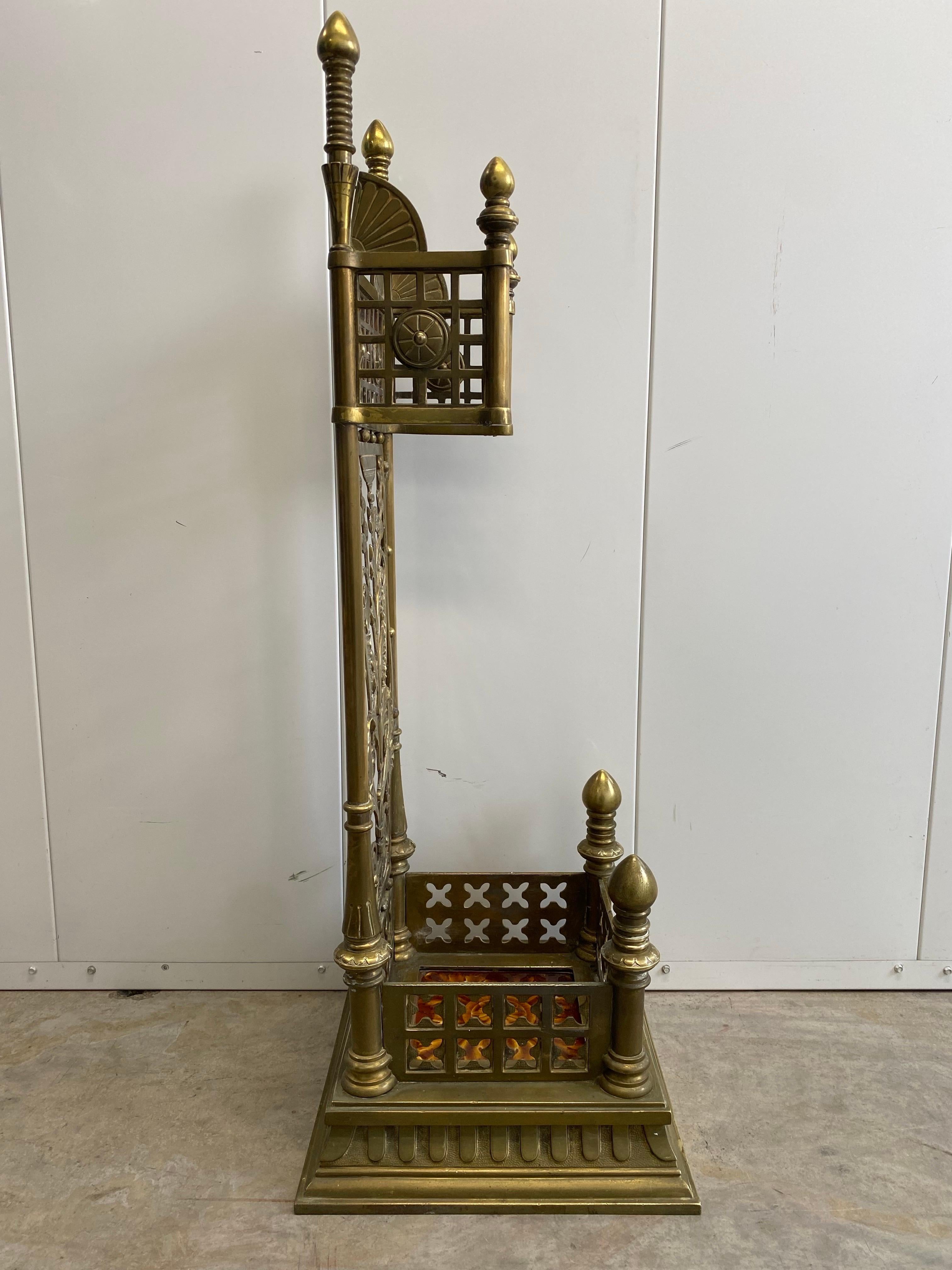 19th c. Aesthetic Movement Brass Fireplace Tools with Kensington Tile in Stand For Sale 6