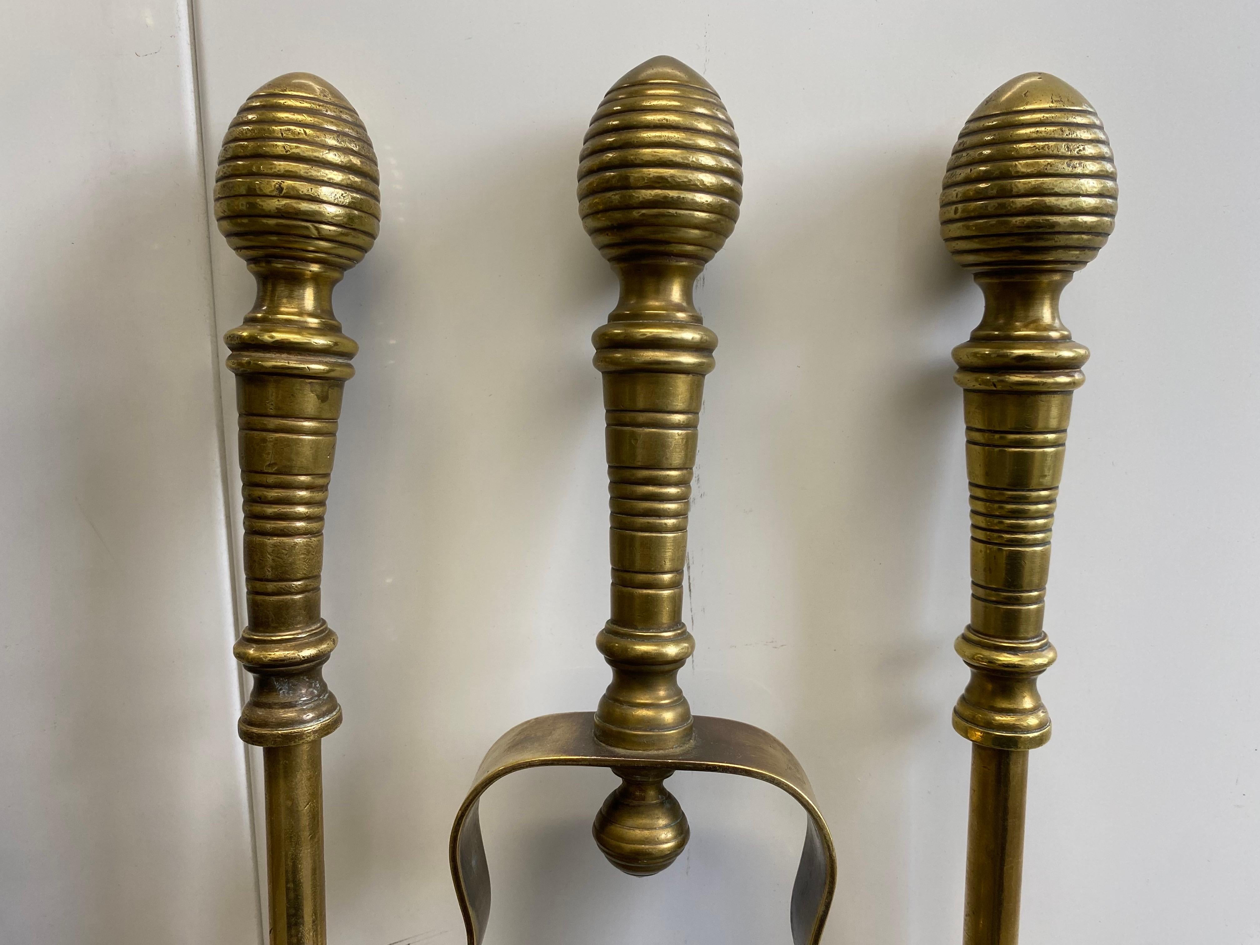 19th c. Aesthetic Movement Brass Fireplace Tools with Kensington Tile in Stand For Sale 9