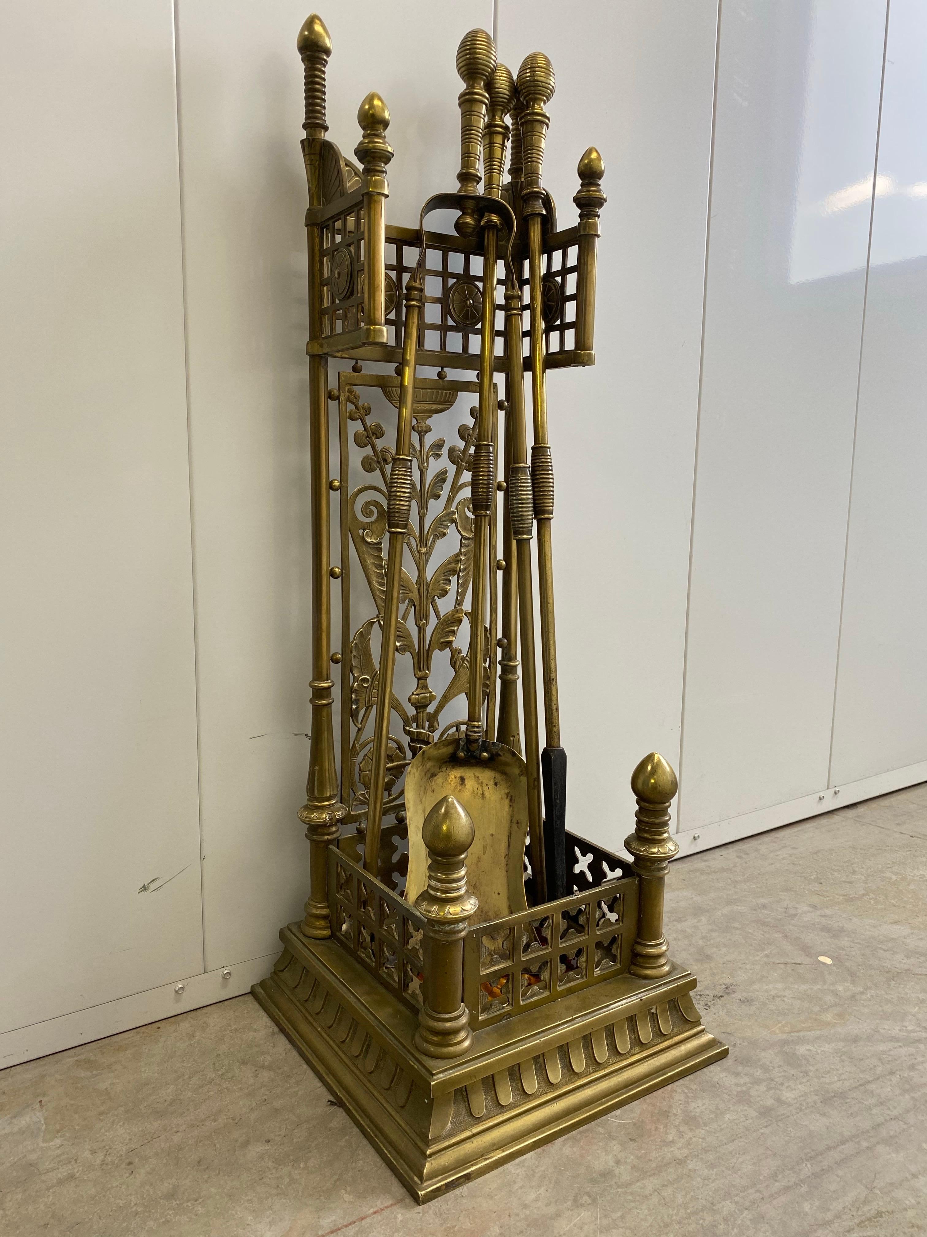 19th c. Aesthetic Movement Brass Fireplace Tools with Kensington Tile in Stand For Sale 11