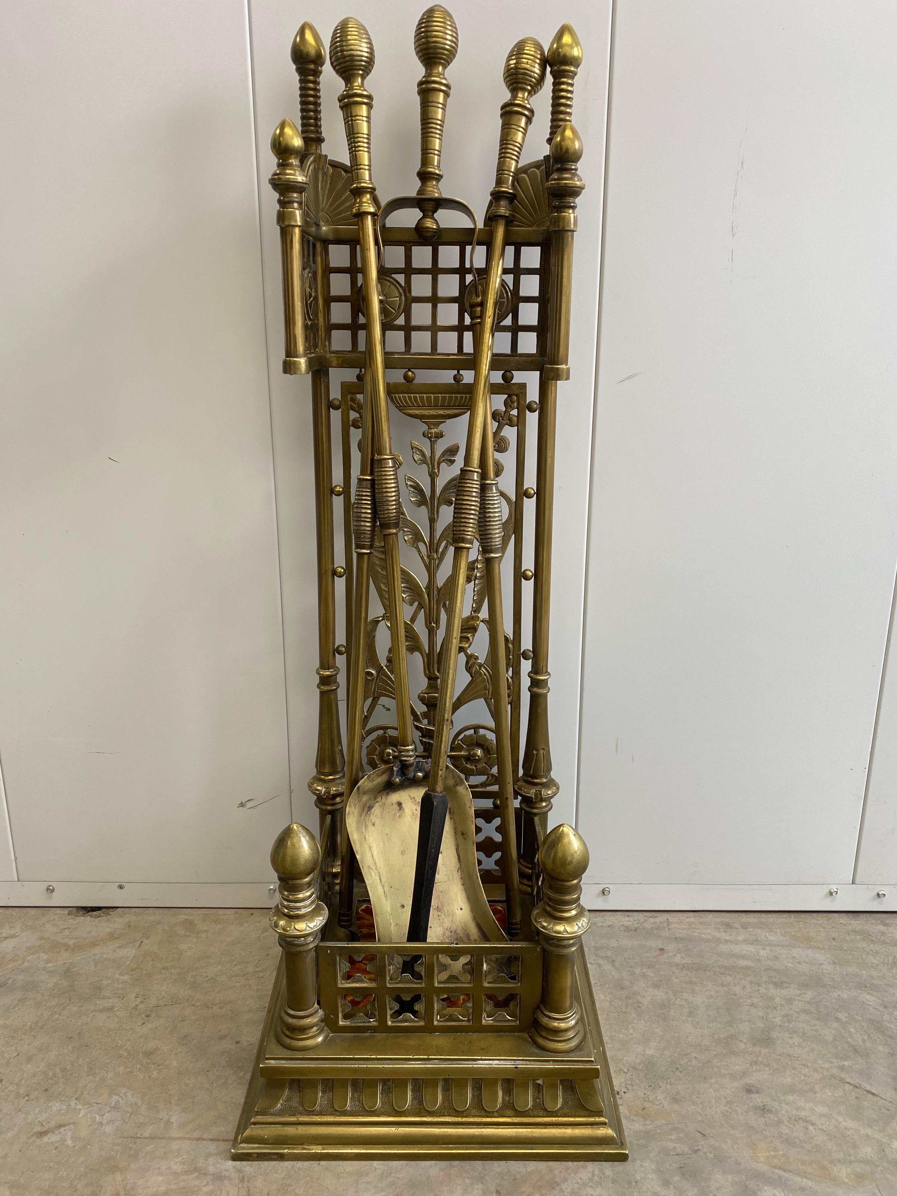19th c. Aesthetic Movement Brass Fireplace Tools with Kensington Tile in Stand For Sale 12