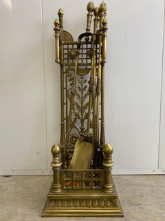 19th c. Aesthetic Movement Brass Fireplace Tools with Kensington Tile in Stand