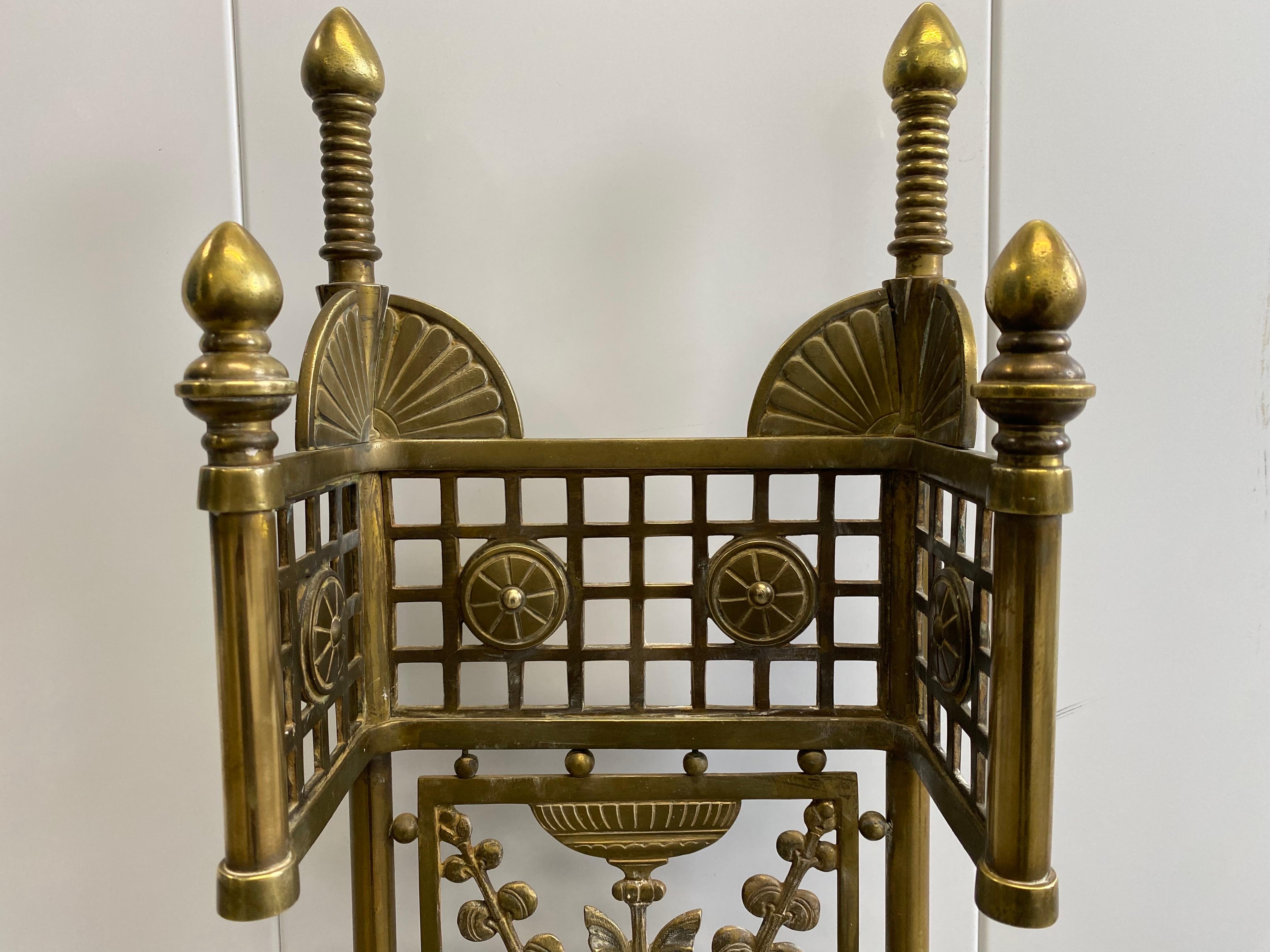 North American 19th c. Aesthetic Movement Brass Fireplace Tools with Kensington Tile in Stand For Sale