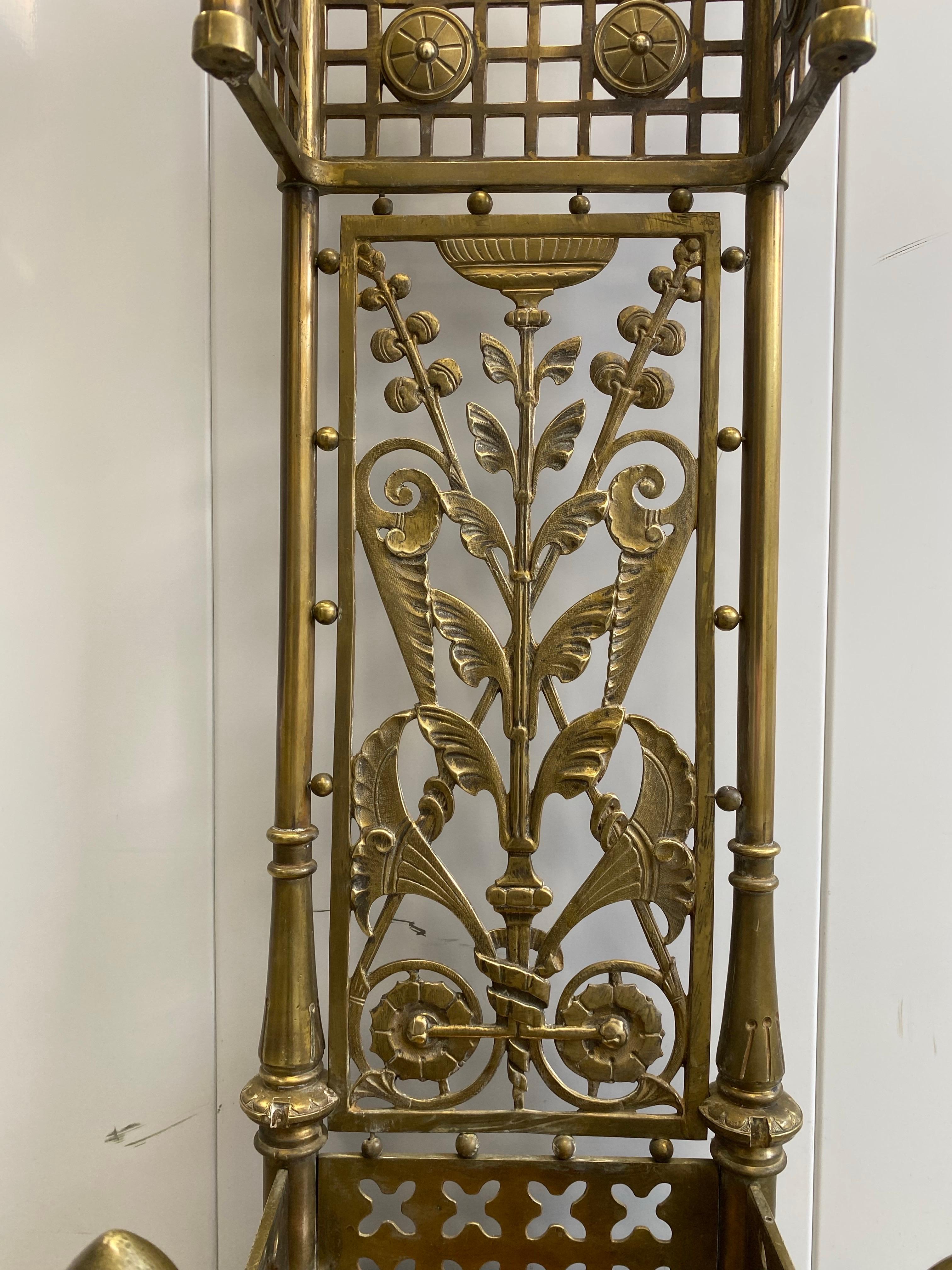 Cast 19th c. Aesthetic Movement Brass Fireplace Tools with Kensington Tile in Stand For Sale
