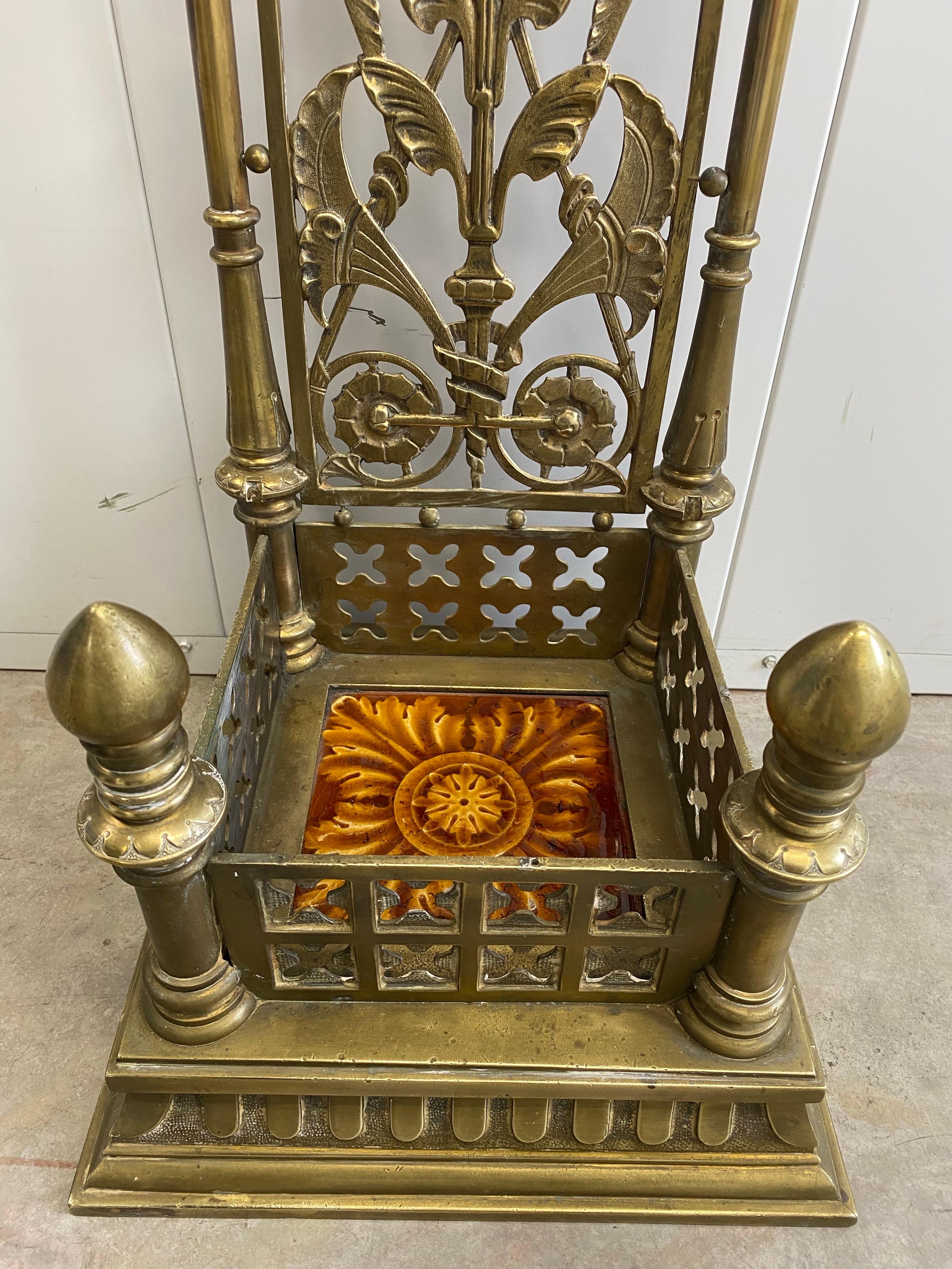 19th c. Aesthetic Movement Brass Fireplace Tools with Kensington Tile in Stand In Good Condition For Sale In Southampton, NJ