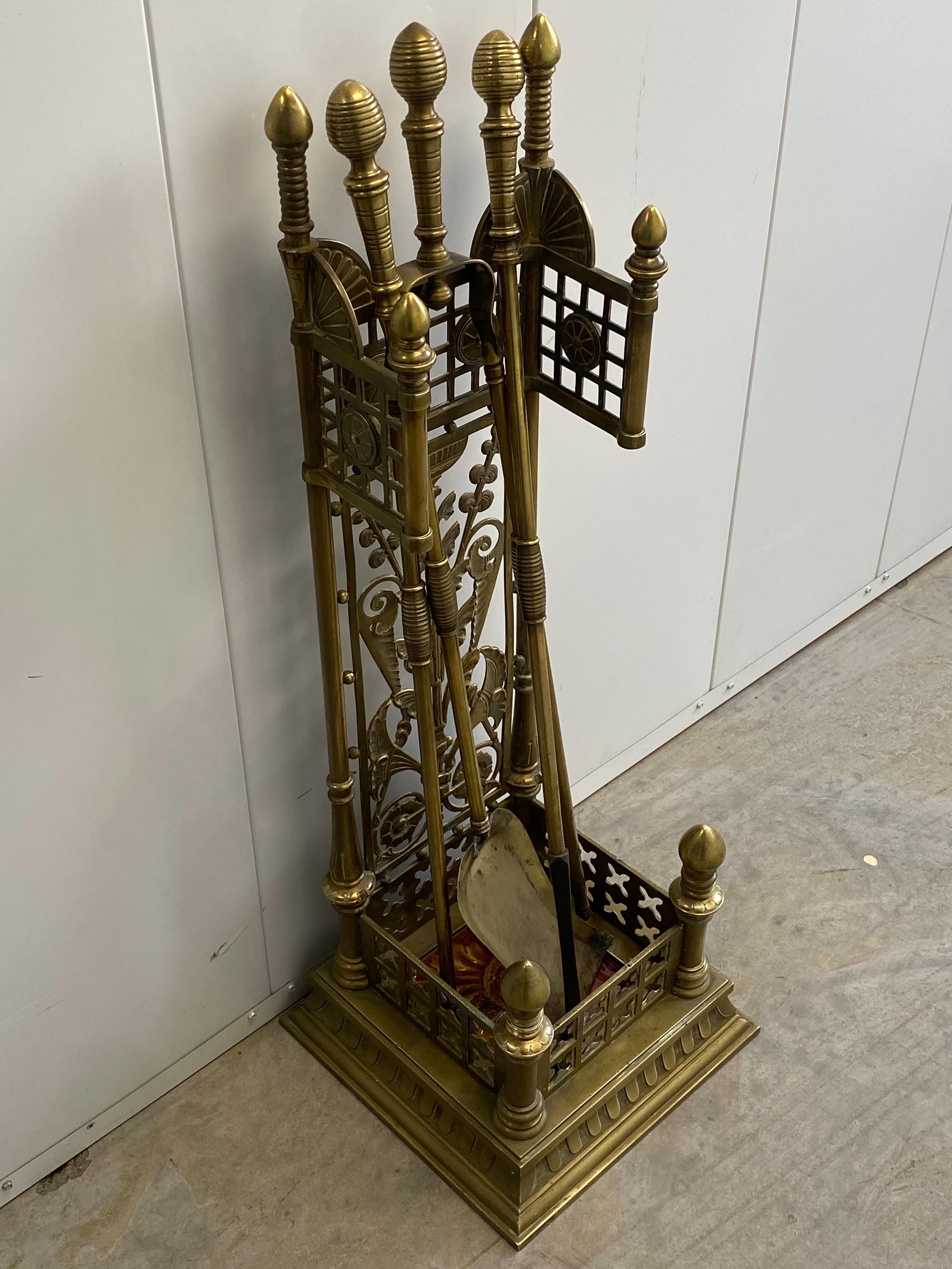 19th Century 19th c. Aesthetic Movement Brass Fireplace Tools with Kensington Tile in Stand For Sale