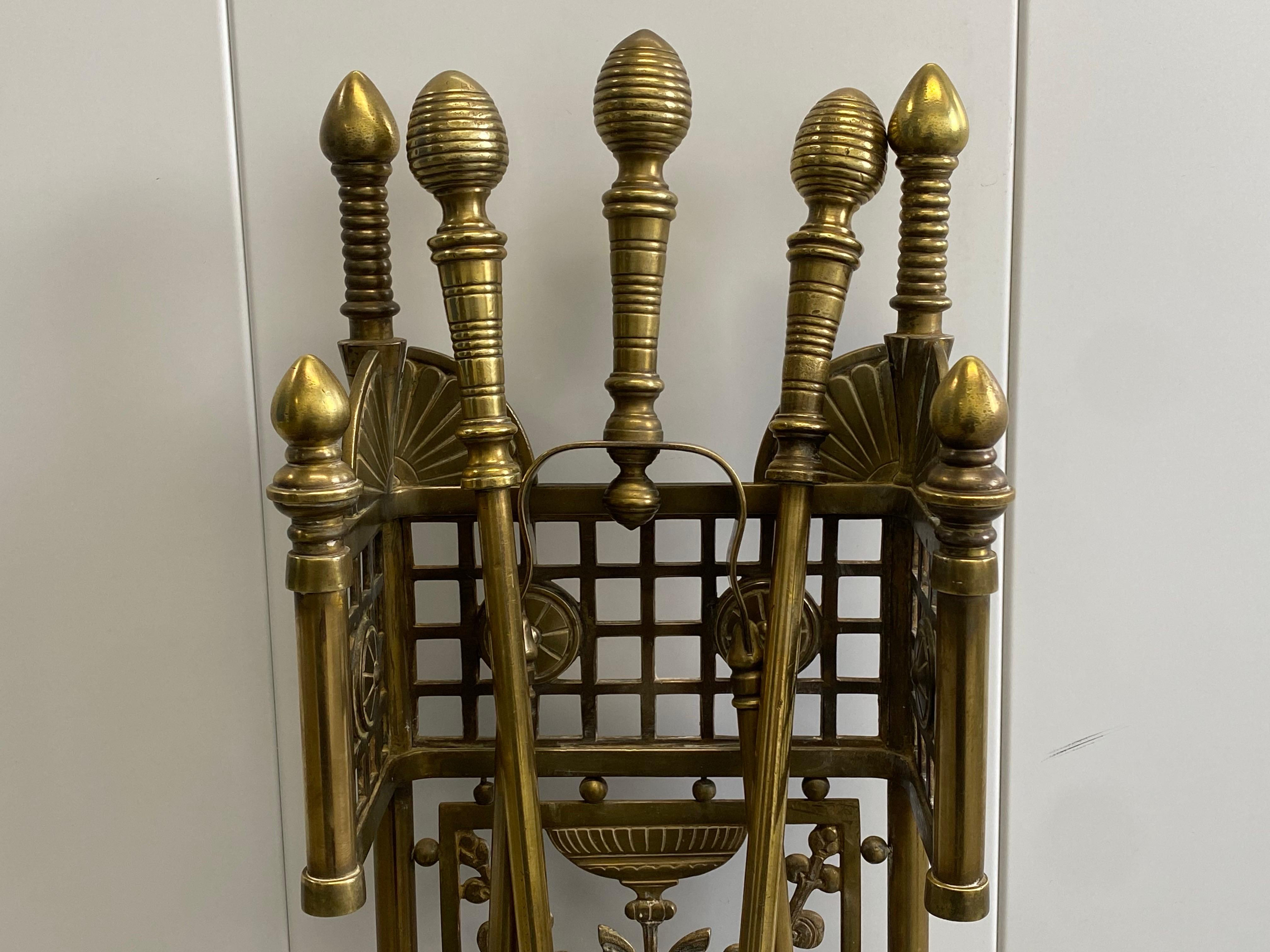 19th c. Aesthetic Movement Brass Fireplace Tools with Kensington Tile in Stand For Sale 1