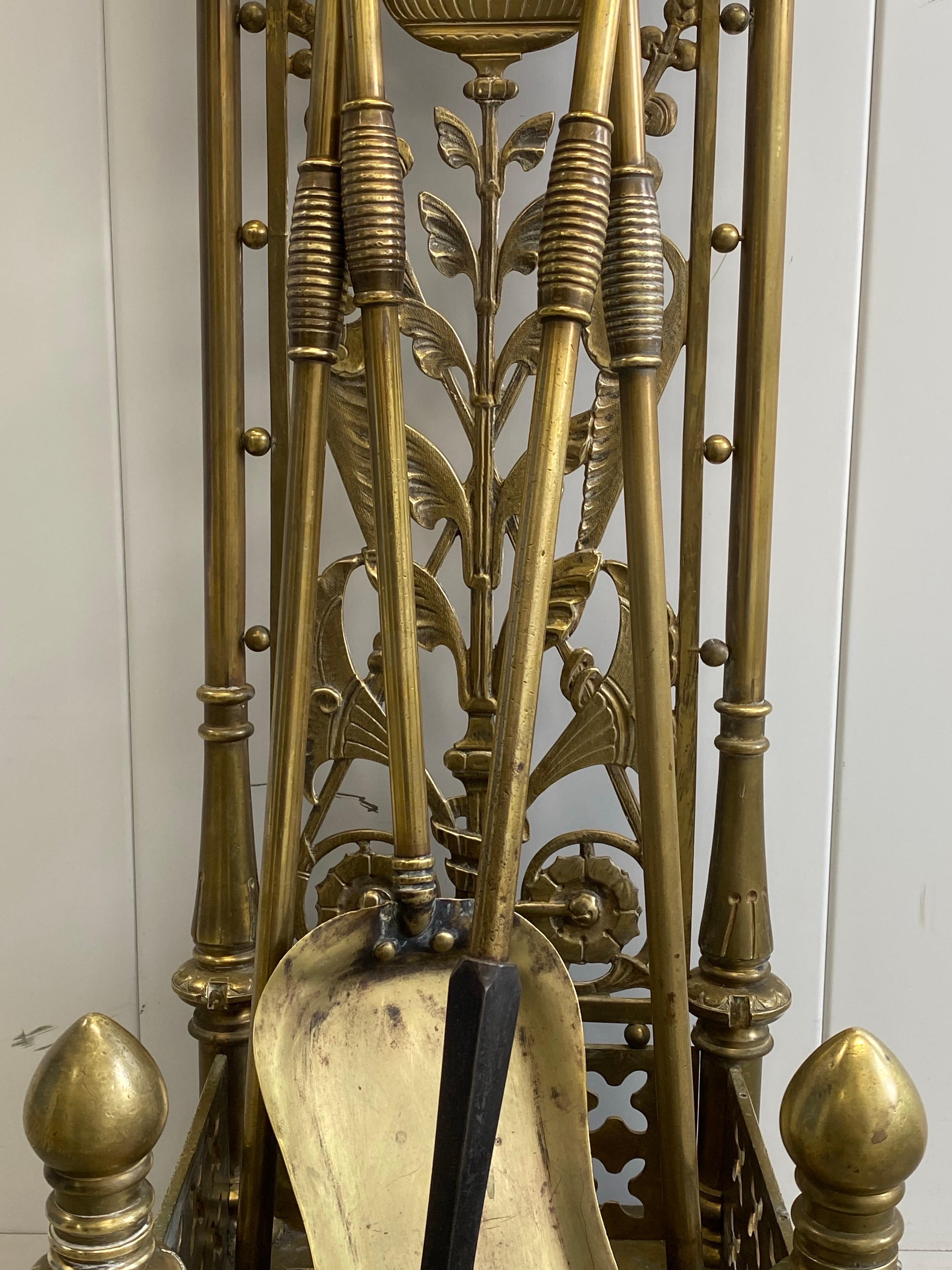 19th c. Aesthetic Movement Brass Fireplace Tools with Kensington Tile in Stand For Sale 3