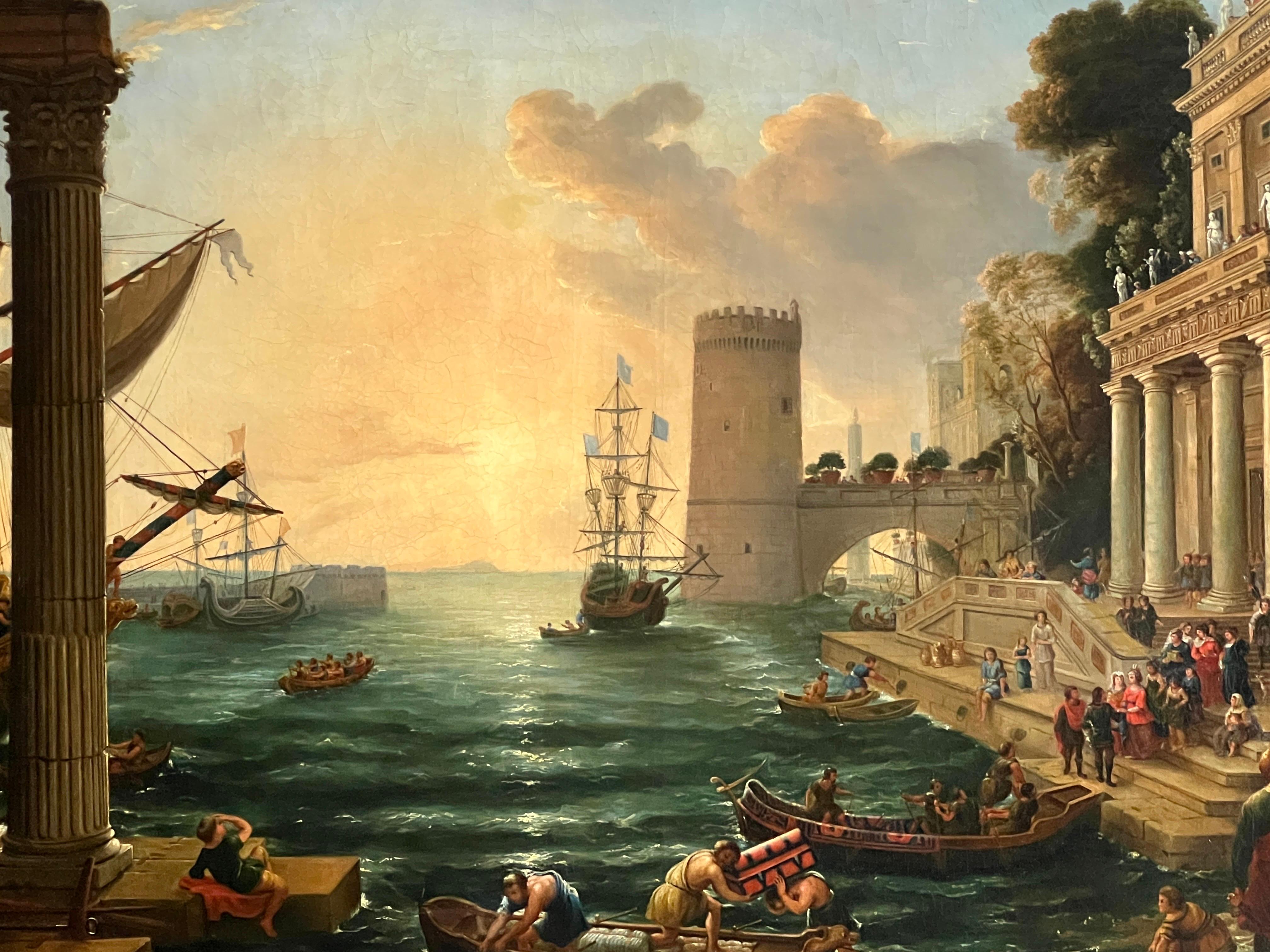 After Claude Lorrain - Embarkation of the Queen of Sheba. The original painting which was painted in 1648 is housed in the National Gallery, London. This piece was likely done as a Grand Tour souvenir in the mid 19th century. Large scale and fine