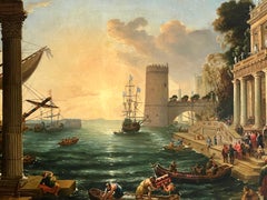 19th C., After Claude Lorrain “Embarkation of the Queen of Sheba” Oil on Canvas