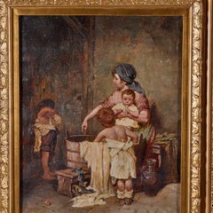 19th c. After Gustav Laeverenz Framed Oil on Canvas - Mother Bathing Children