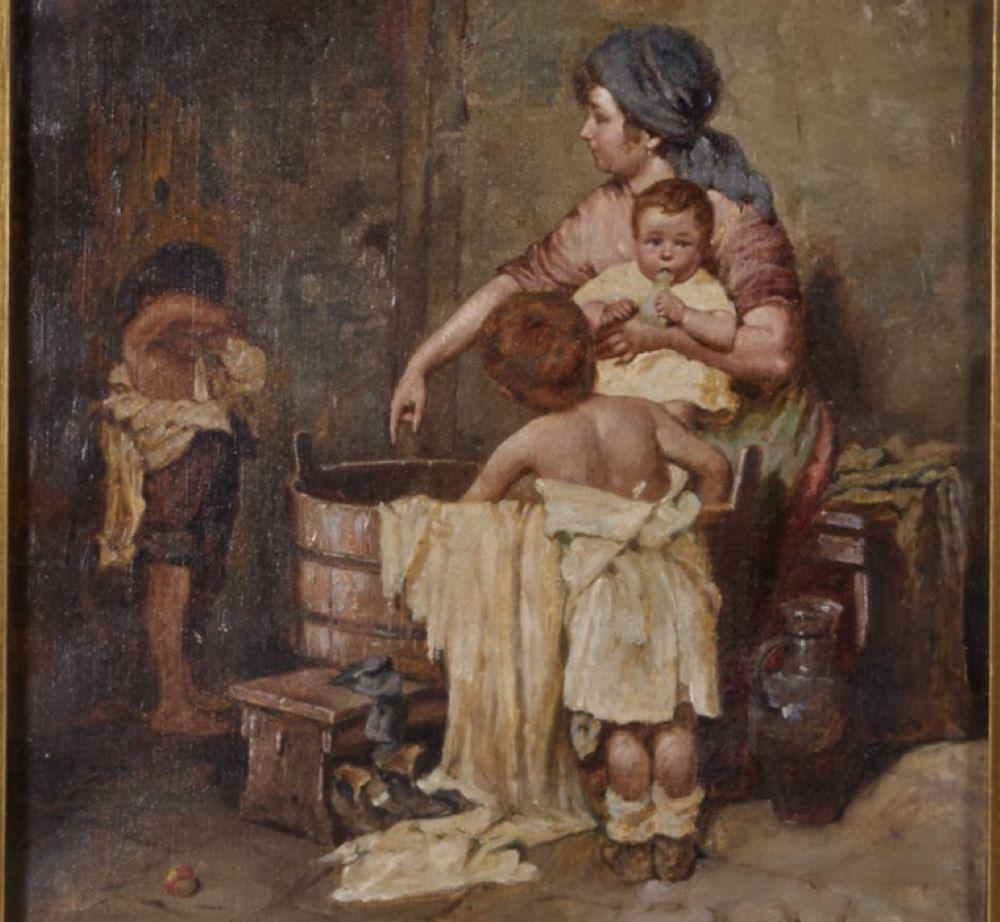 Belle Époque 19e s. Huile sur toile encadrée d'après Gustav Laeverenz - Mère se baignant des enfants en vente