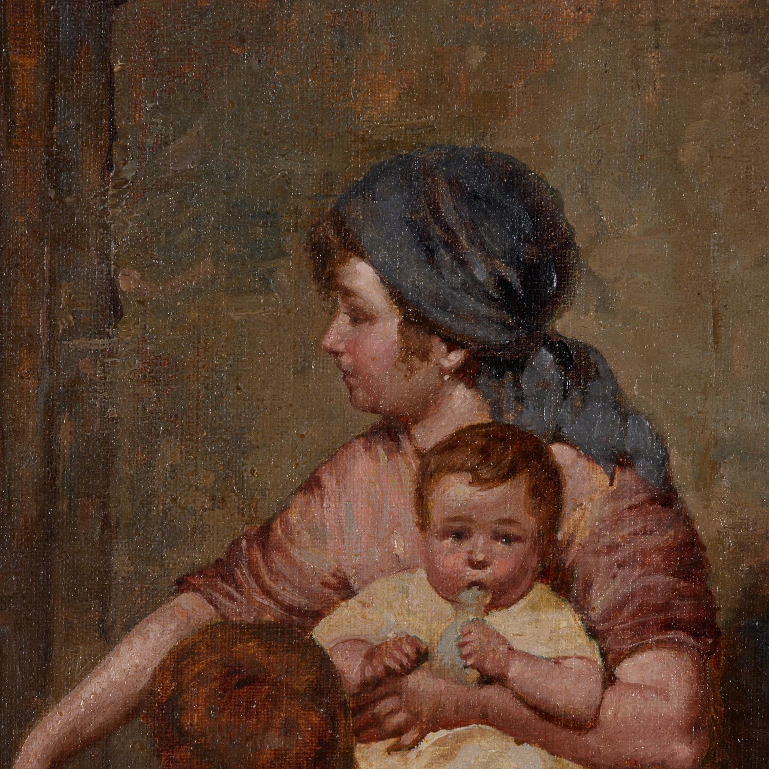 French 19th c. After Gustav Laeverenz Framed Oil on Canvas - Mother Bathing Children For Sale