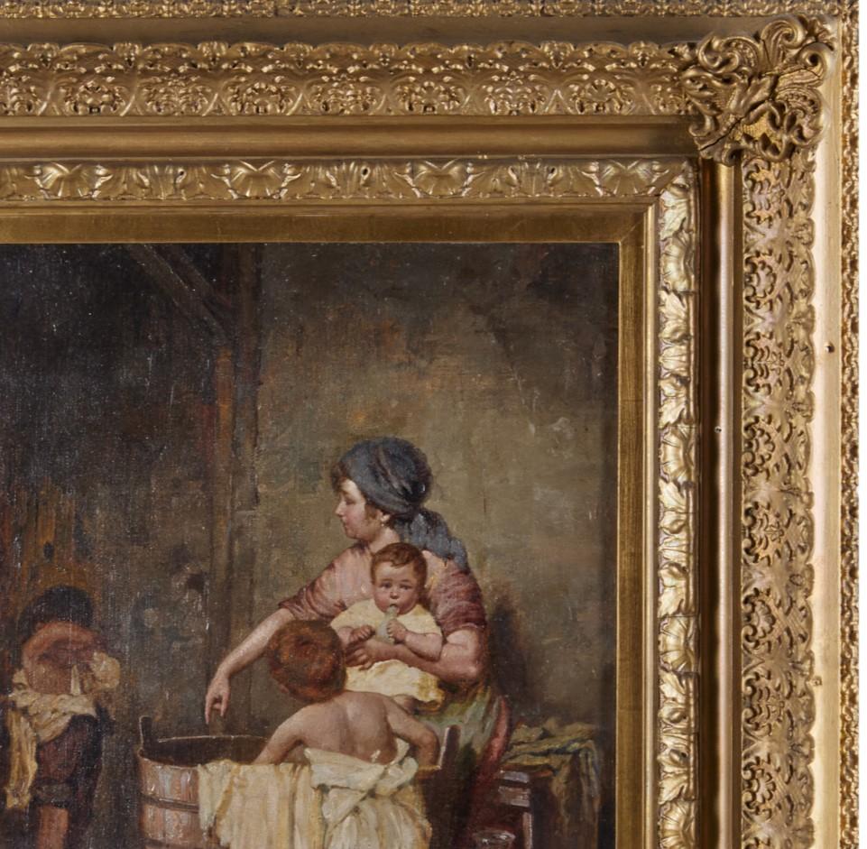 19th c. After Gustav Laeverenz Framed Oil on Canvas - Mother Bathing Children In Good Condition For Sale In Morristown, NJ