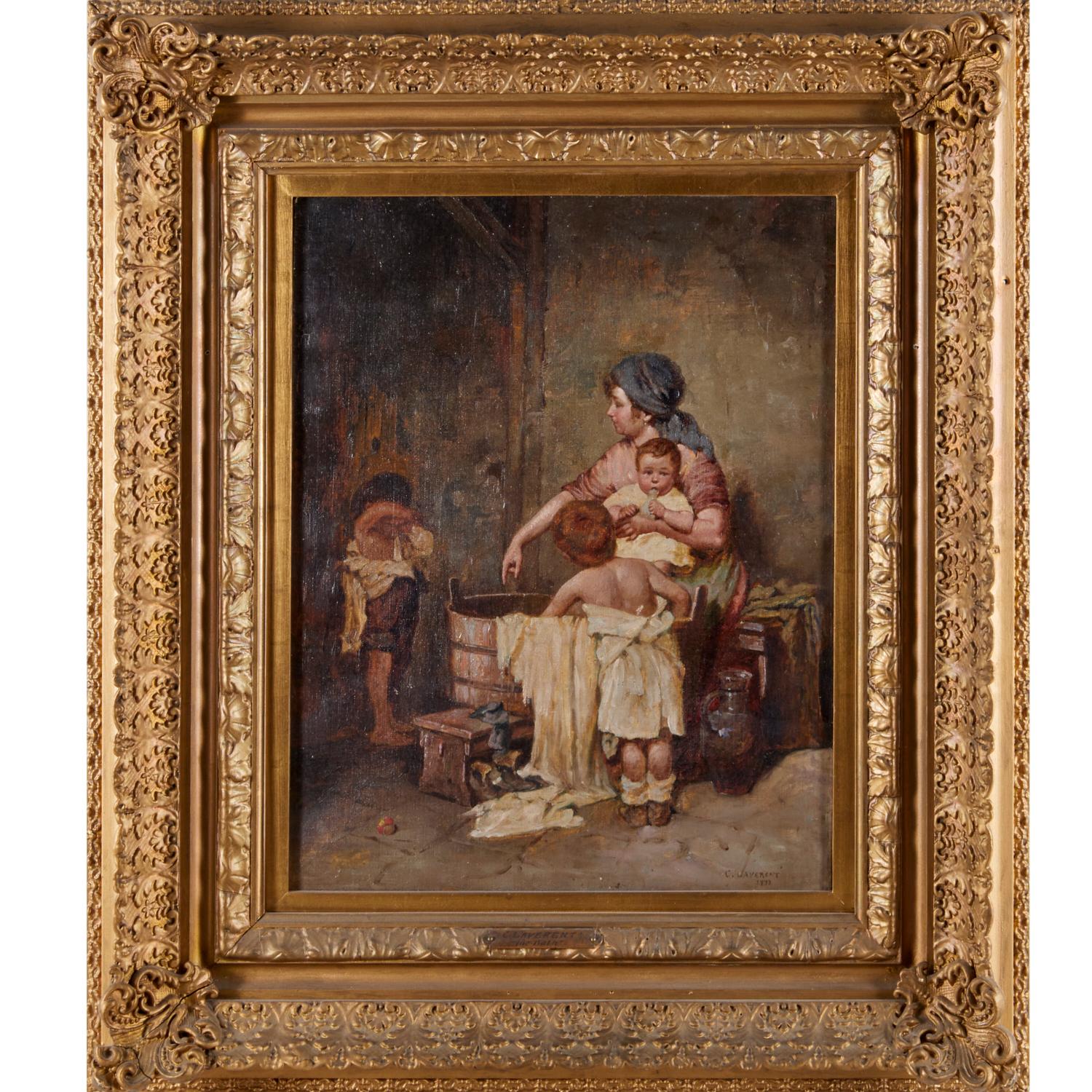 19th c. After Gustav Laeverenz Framed Oil on Canvas - Mother Bathing Children For Sale 2