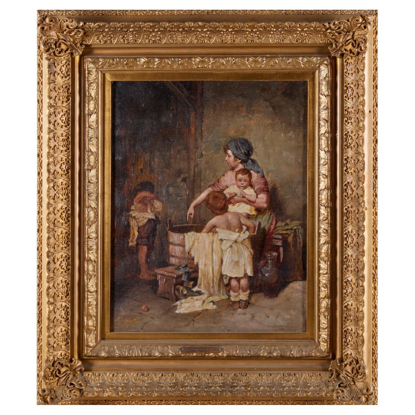 19th c. After Gustav Laeverenz Framed Oil on Canvas - Mother Bathing Children For Sale
