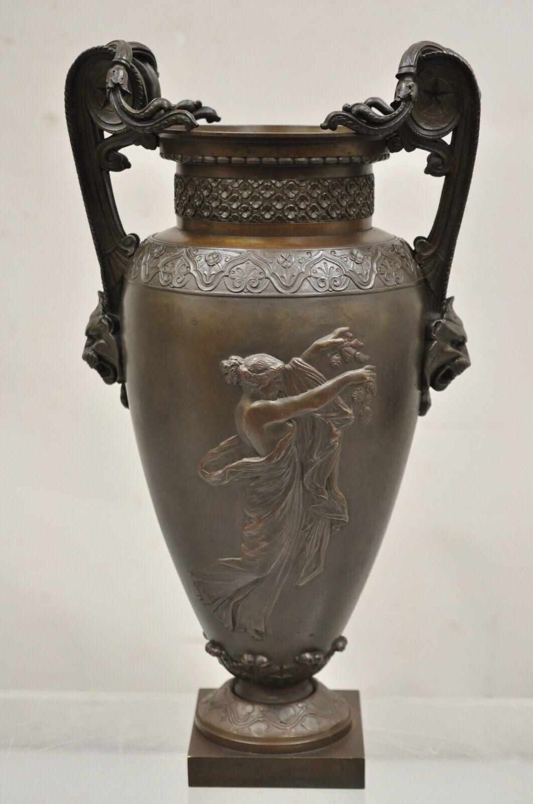 19th C Alfred Daubree French Neoclassical Bronze Figural Urn Vase with Lions For Sale 12