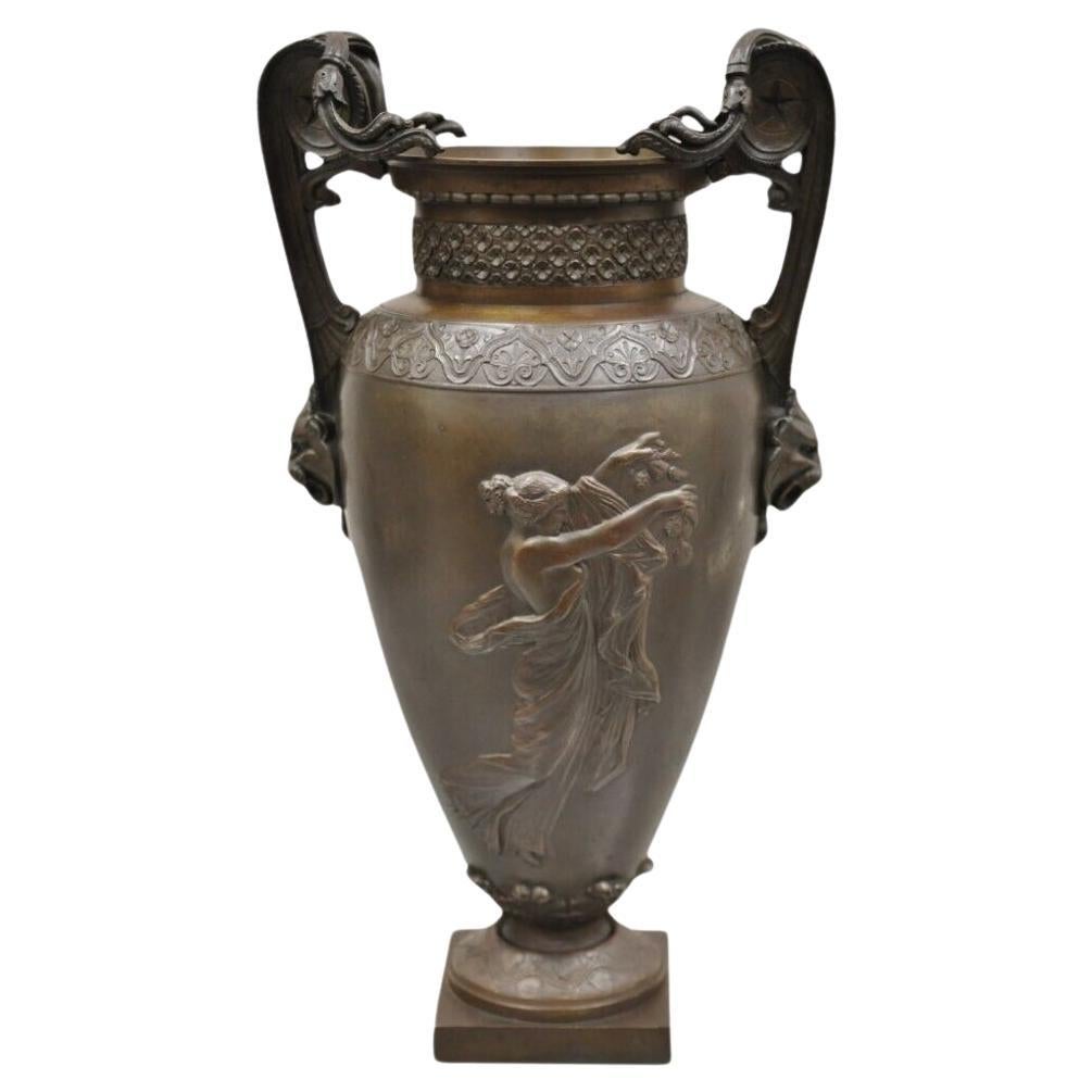 19th C Alfred Daubree French Neoclassical Bronze Figural Urn Vase with Lions For Sale