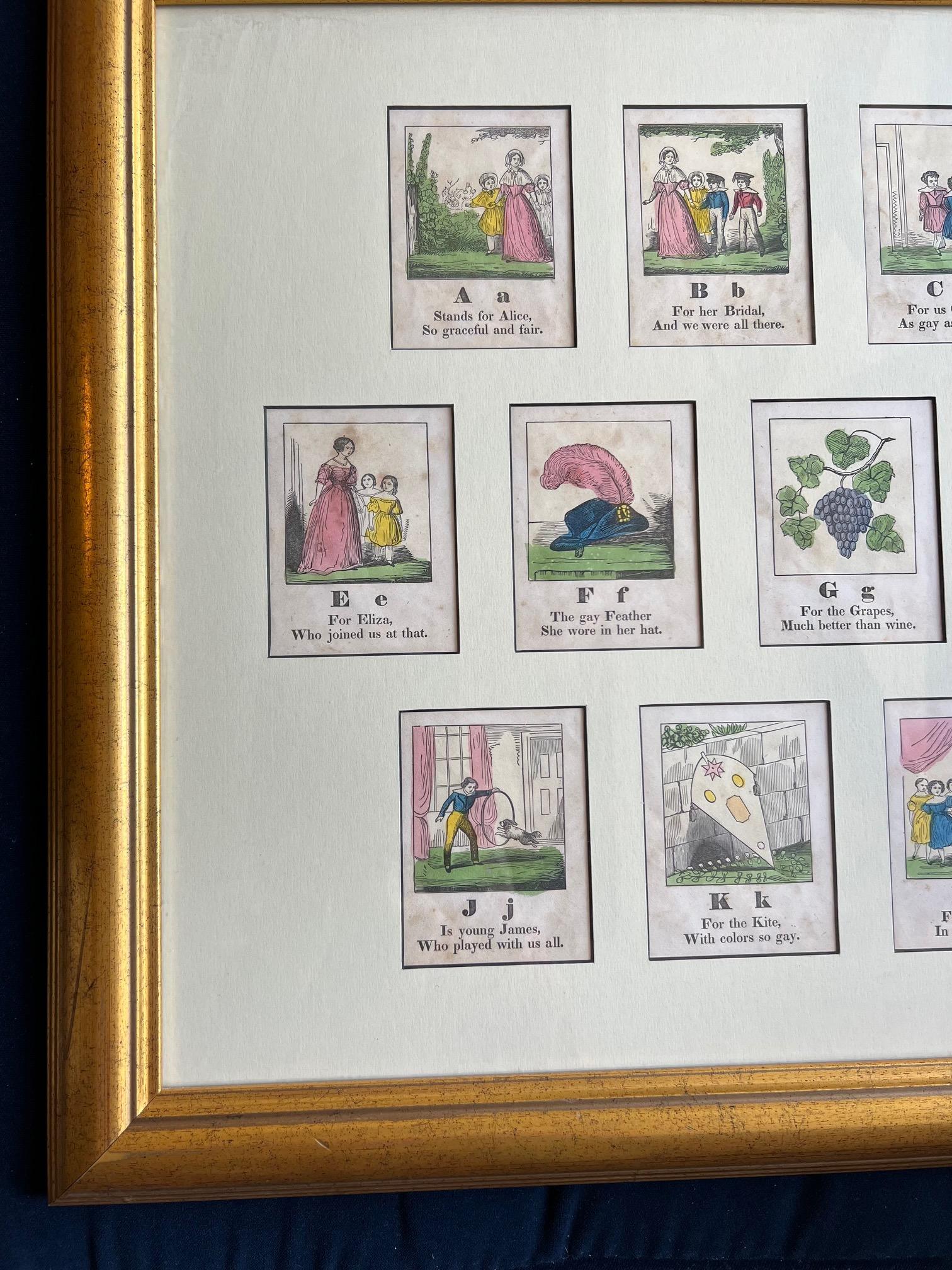 Hand-Painted 19th C. American - A Framed Set of 13 Hand Colored Alphabet Woodcut Prints A-M For Sale