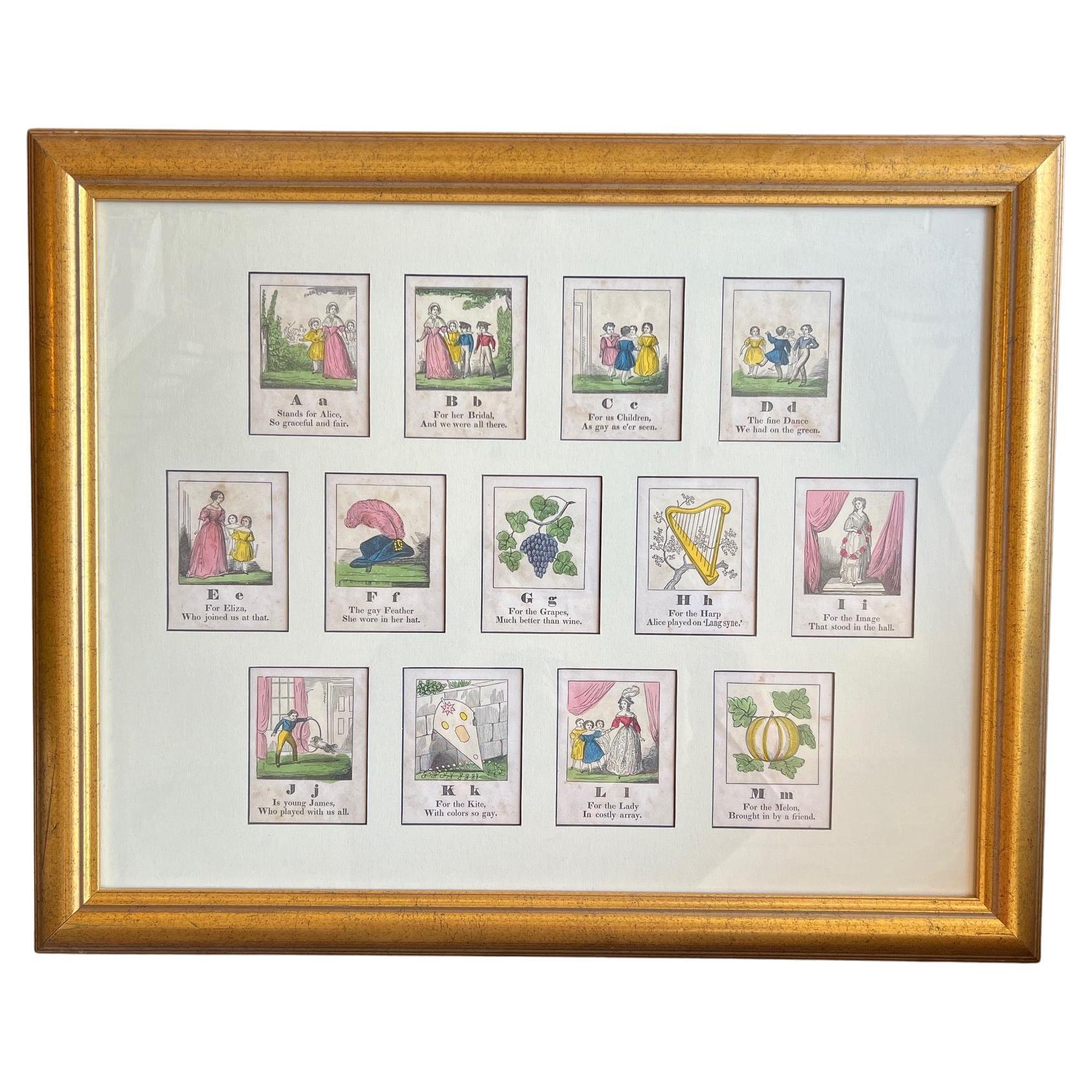 19th C. American - A Framed Set of 13 Hand Colored Alphabet Woodcut Prints A-M For Sale