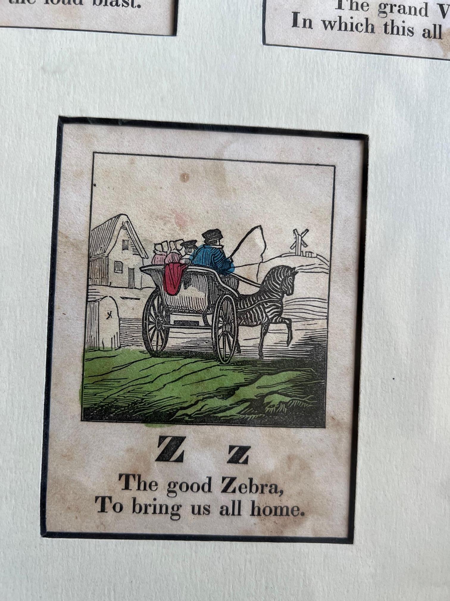 19th C. American - A Framed Set of 13 Hand Colored Alphabet Woodcut Prints N-Z For Sale 4