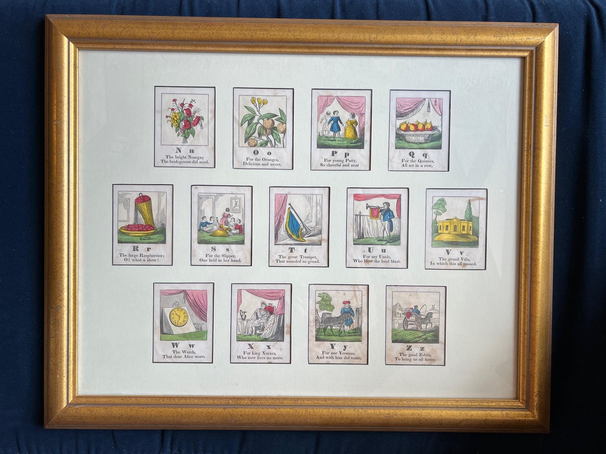 Victorian 19th C. American - A Framed Set of 13 Hand Colored Alphabet Woodcut Prints N-Z For Sale