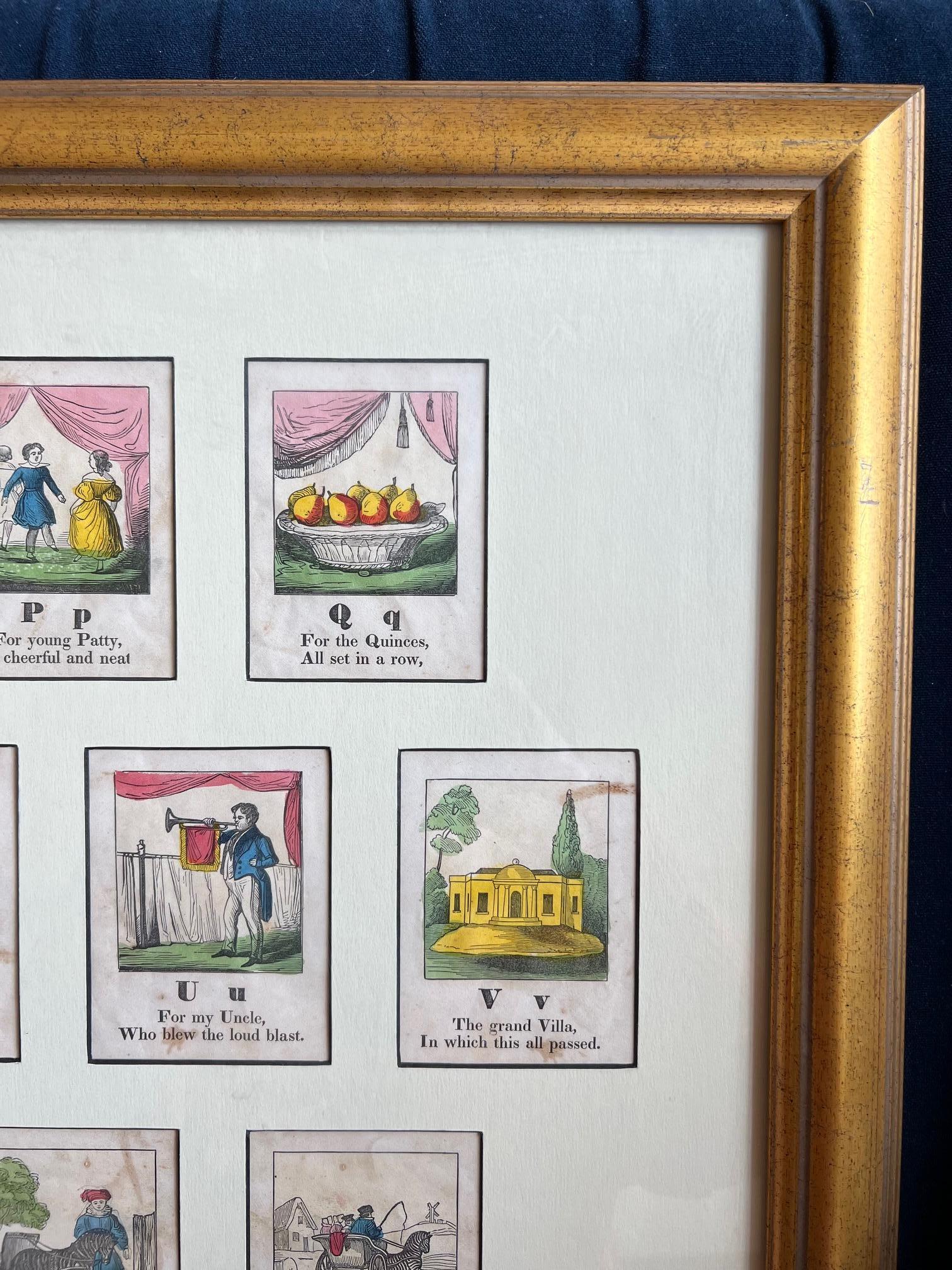 Hand-Painted 19th C. American - A Framed Set of 13 Hand Colored Alphabet Woodcut Prints N-Z For Sale