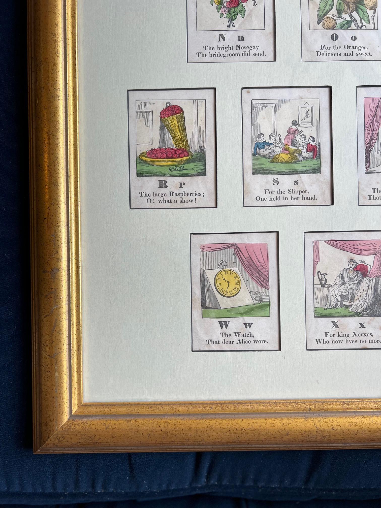 Mid-19th Century 19th C. American - A Framed Set of 13 Hand Colored Alphabet Woodcut Prints N-Z For Sale