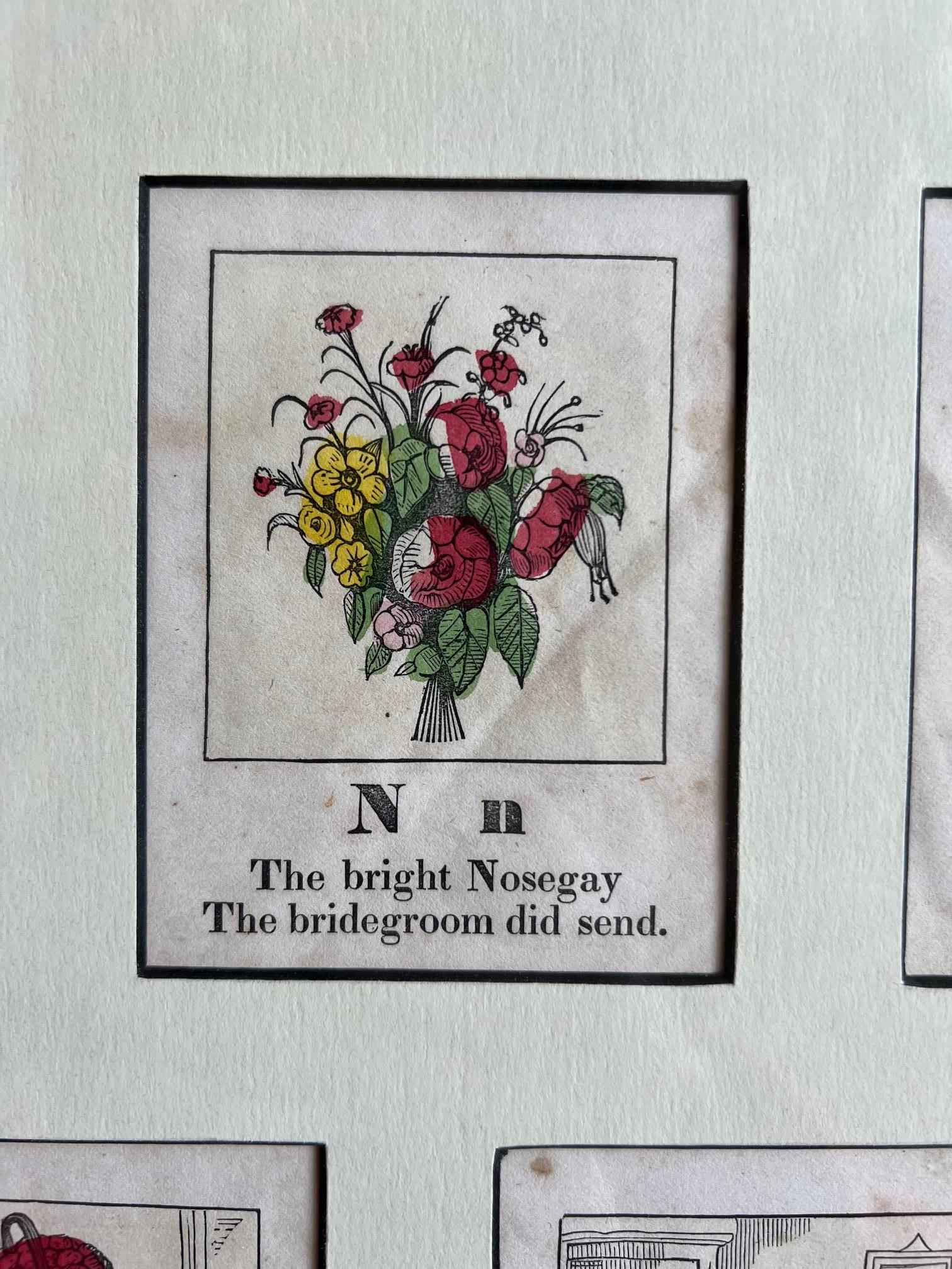Milieu du XIXe siècle Ensemble encadré de 13 tirages sur bois Alphabet colorés à la main, États-Unis, 19e siècle en vente