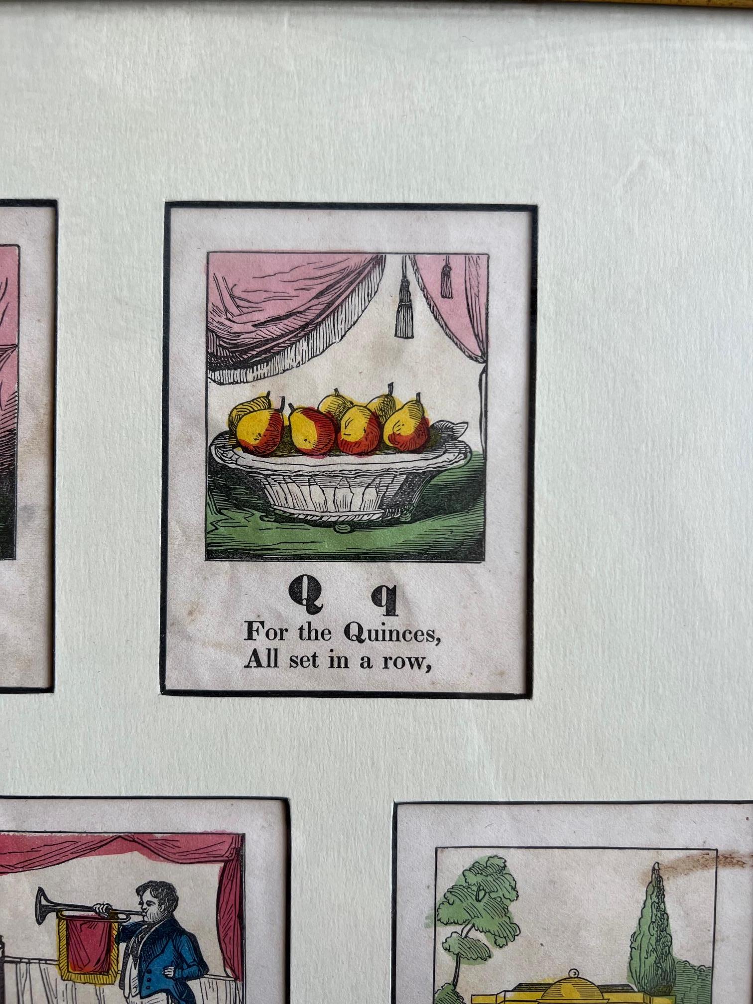 19th C. American - A Framed Set of 13 Hand Colored Alphabet Woodcut Prints N-Z For Sale 1