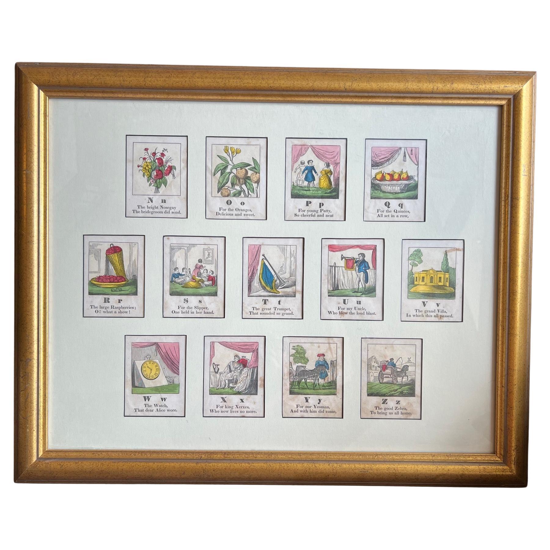 19th C. American - A Framed Set of 13 Hand Colored Alphabet Woodcut Prints N-Z For Sale