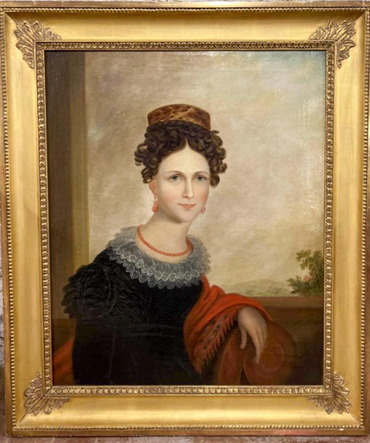 19th-C. American Ancestral Portrait of a Young Woman W/ Victorian Styling, c 1840 In Good Condition In Kennesaw, GA