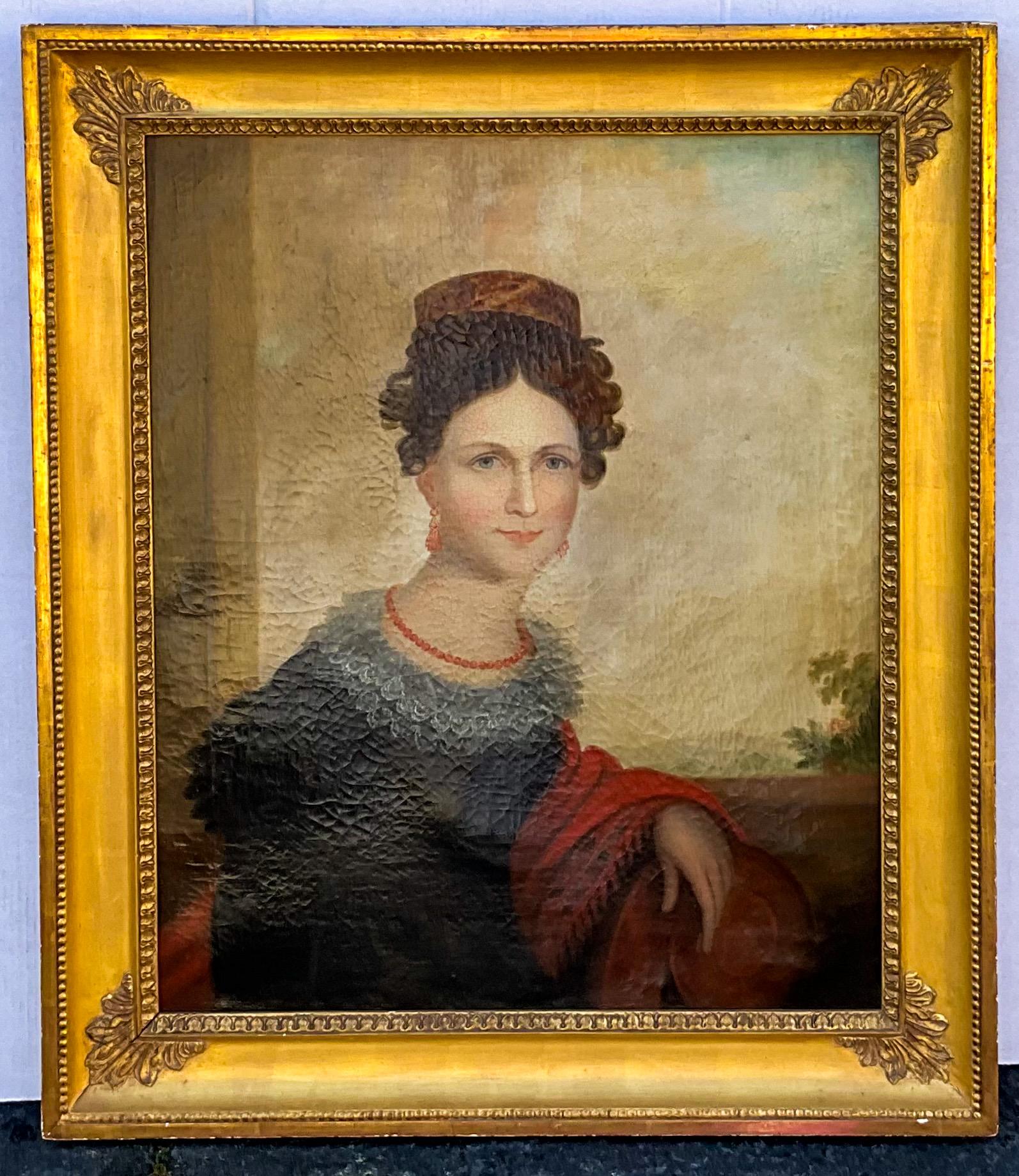 19th Century 19th-C. American Ancestral Portrait of a Young Woman W/ Victorian Styling, c 1840