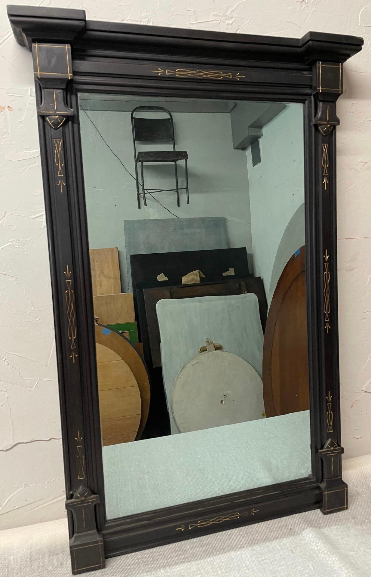 Antique East Lake style victorian black painted hand carved wall mirror with gold accented carved detail. Newly refinished condition. Hardware included.
Pier mirror, console mirror, mantle mirror. Federal style.