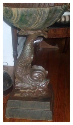 19th c. American Cast Iron Dolphin Bird Bath or Planter with Sea Shell Font