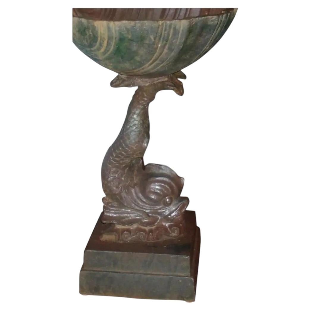 19th c. American Cast Iron Dolphin Bird Bath or Planter with Sea Shell Font For Sale