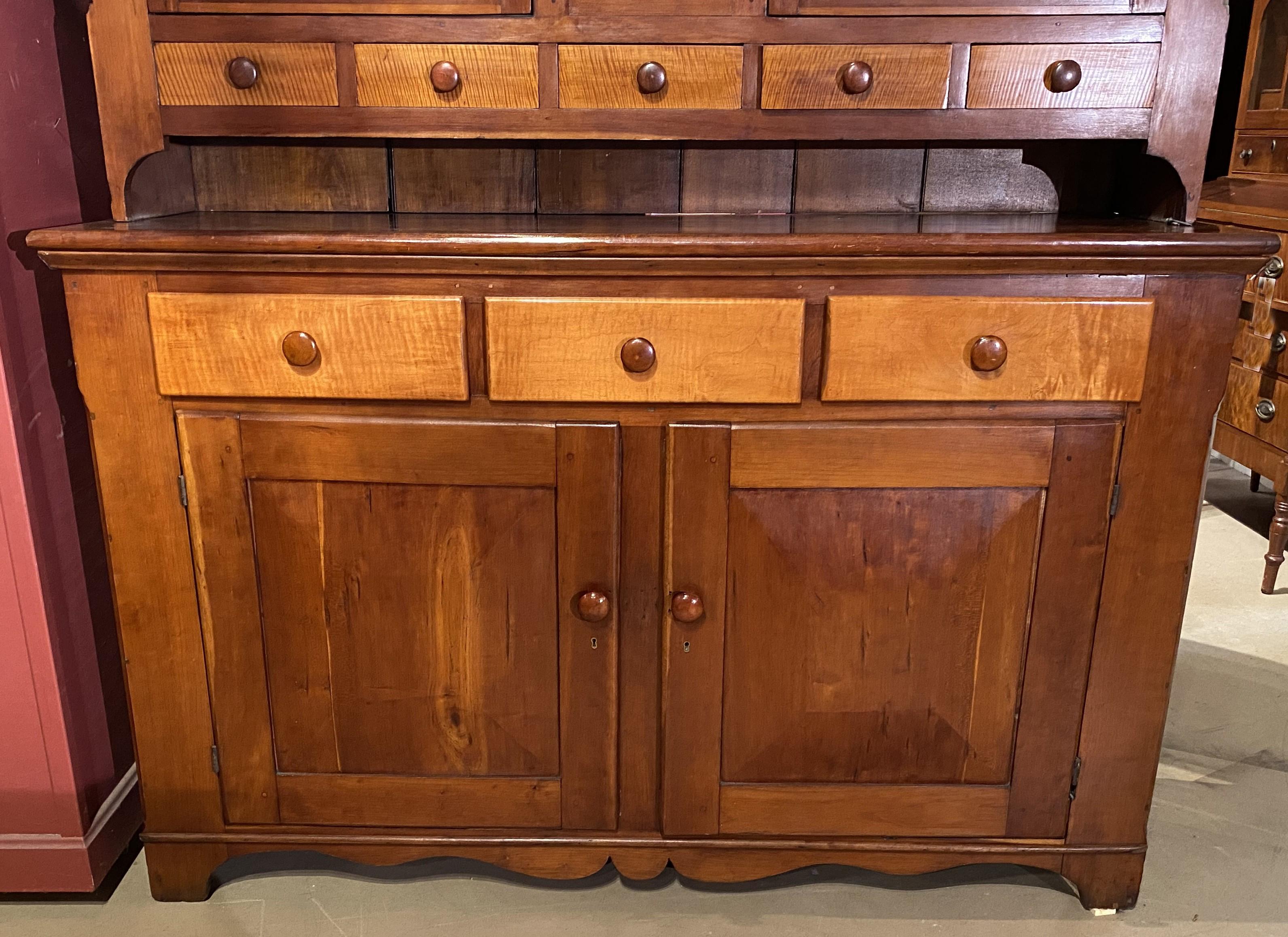 Federal 19th c American Cherry Two Part Step Back Cupboard w/Tiger Maple Drawer Fronts For Sale