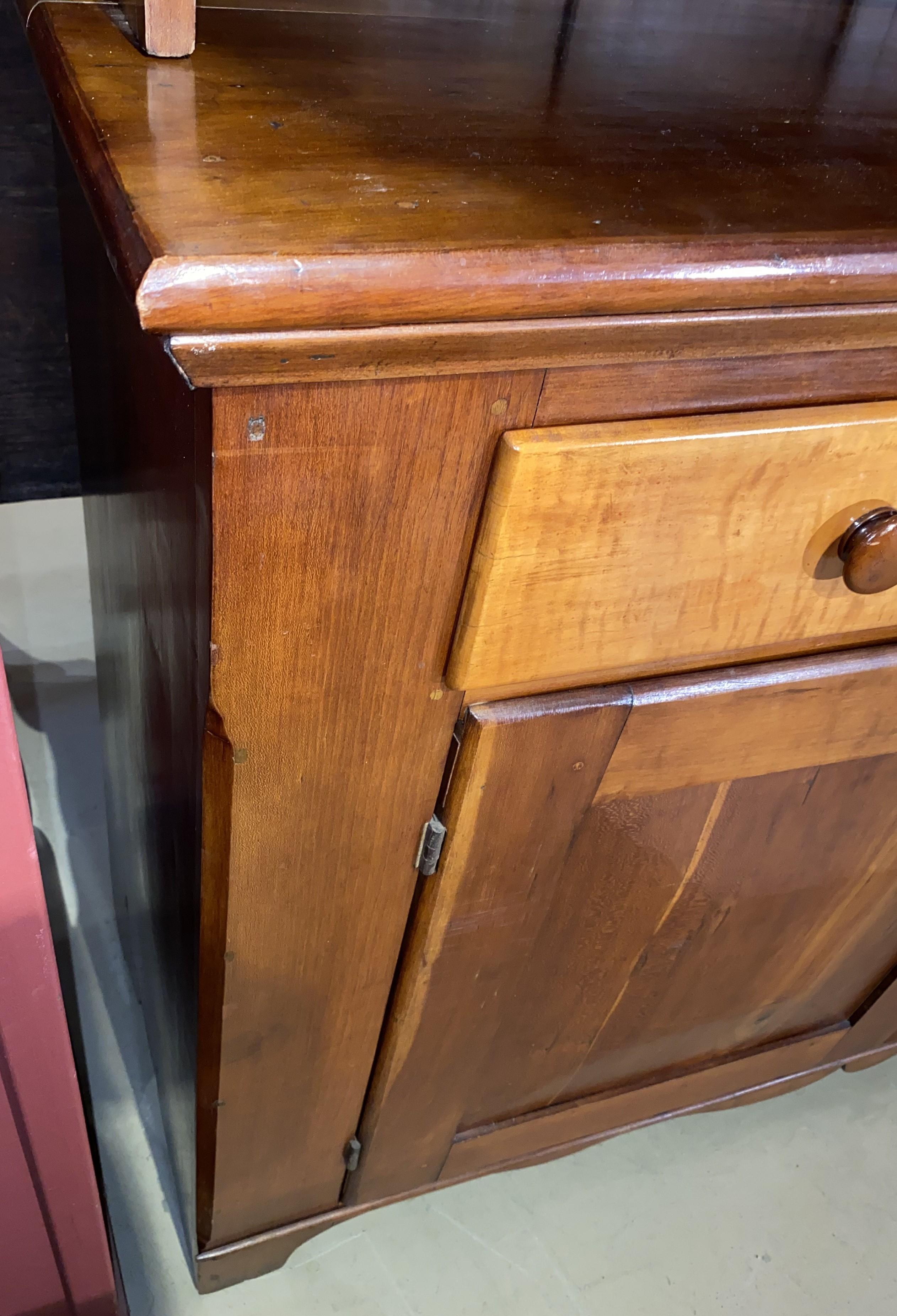 19th Century 19th c American Cherry Two Part Step Back Cupboard w/Tiger Maple Drawer Fronts For Sale
