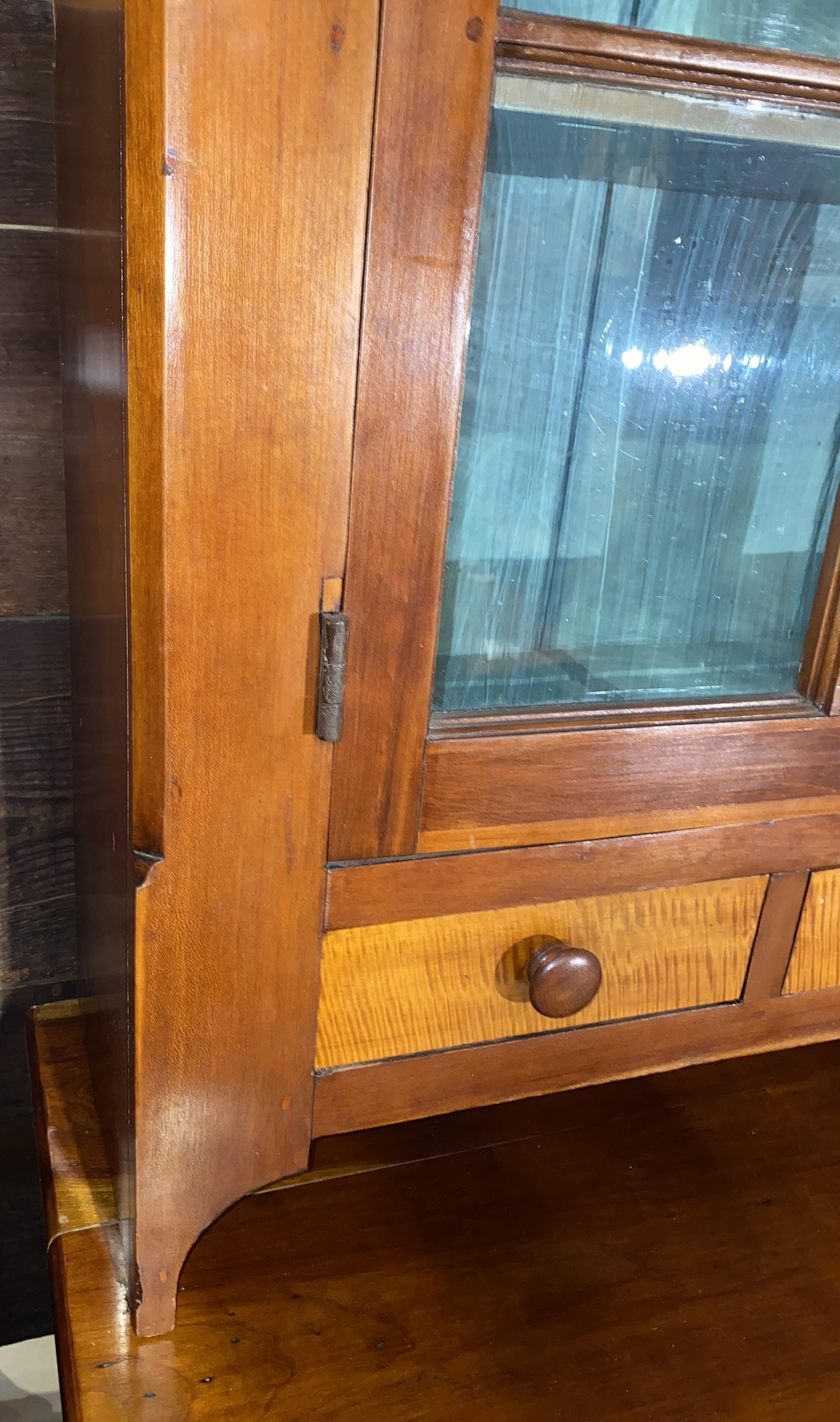 Glass 19th c American Cherry Two Part Step Back Cupboard w/Tiger Maple Drawer Fronts For Sale
