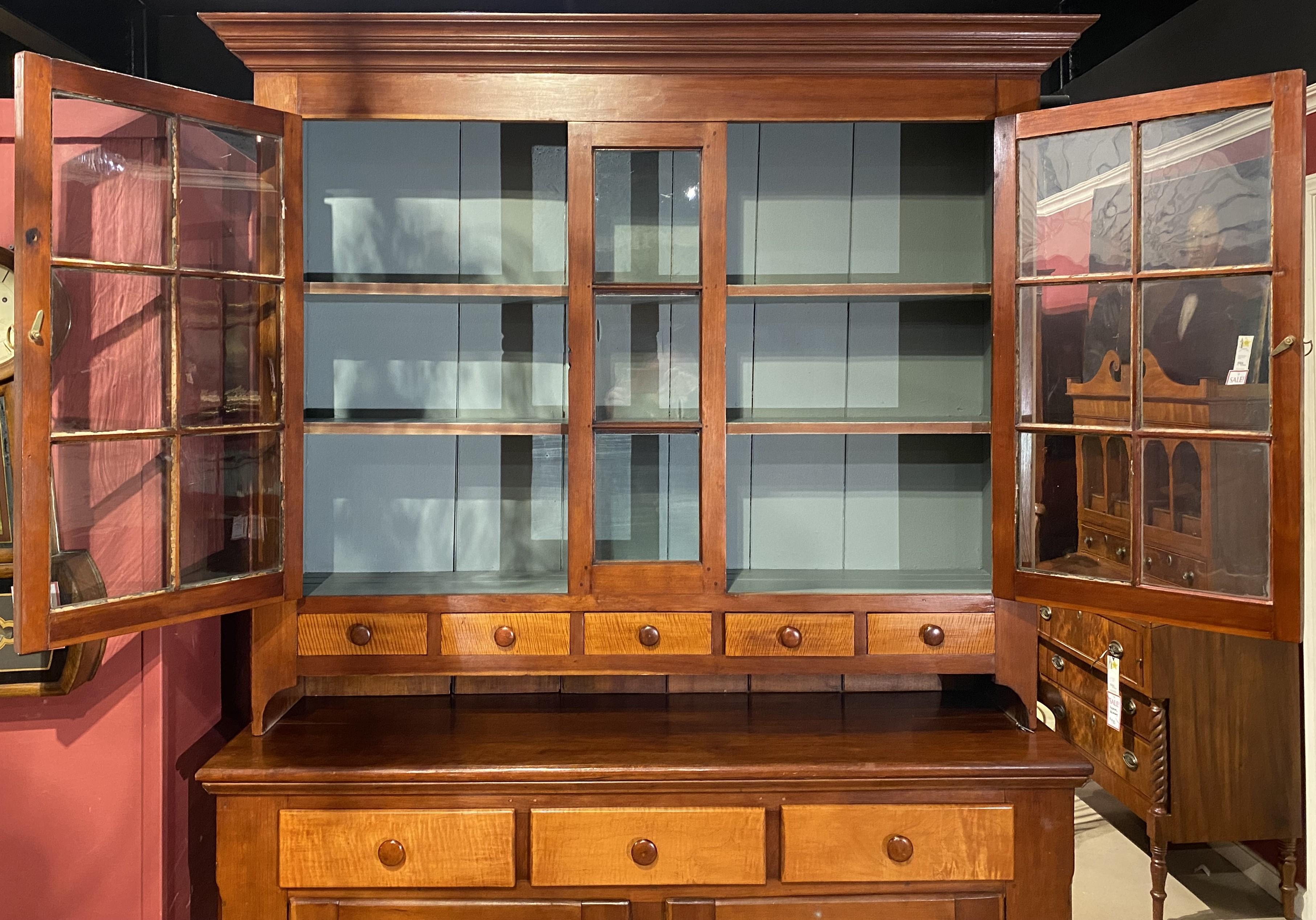 19th c American Cherry Two Part Step Back Cupboard w/Tiger Maple Drawer Fronts For Sale 2