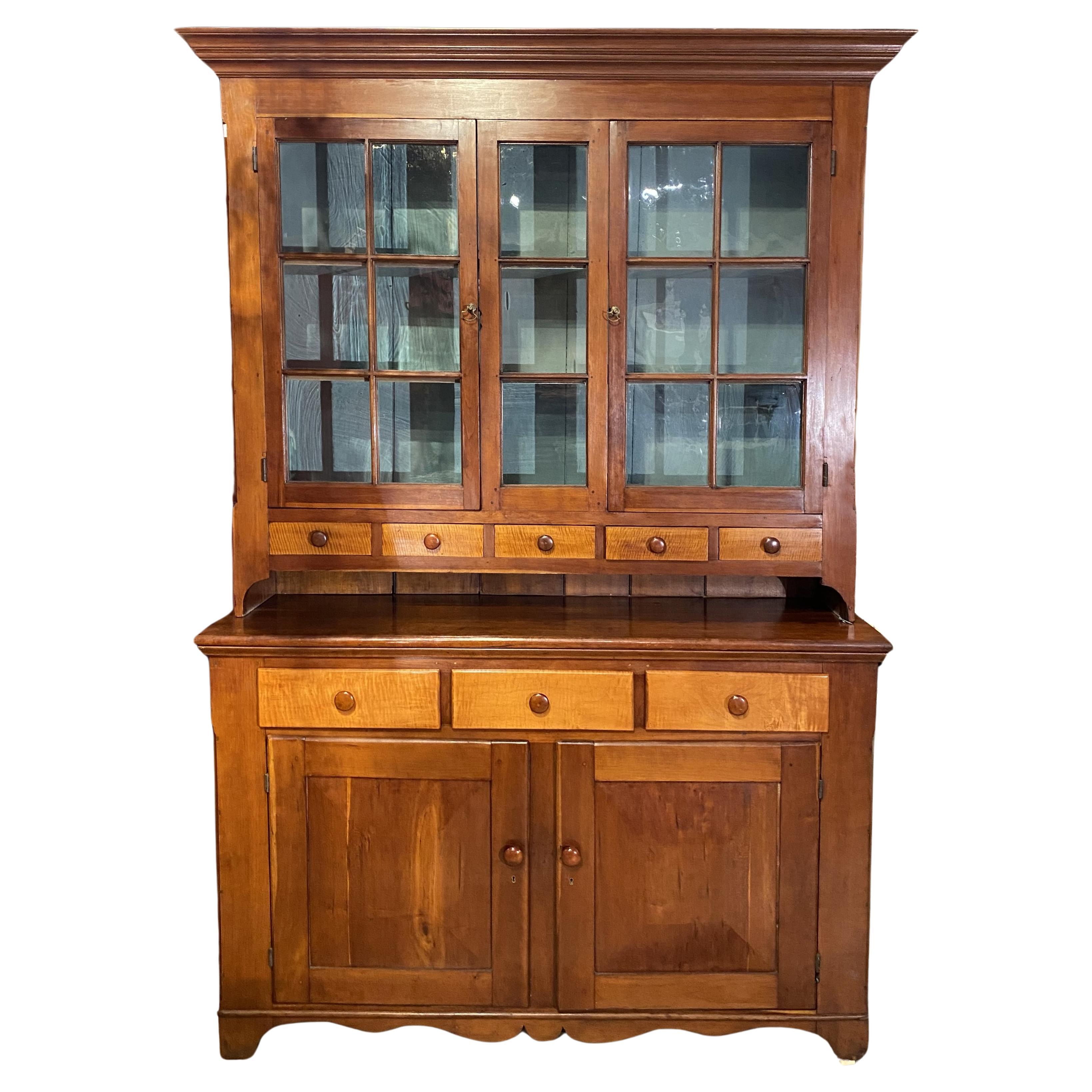 19th c American Cherry Two Part Step Back Cupboard w/Tiger Maple Drawer Fronts For Sale