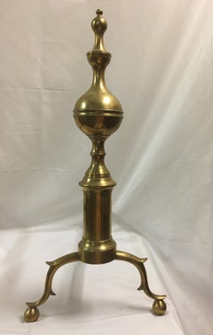 18th c American Chippendale Tall Brass Andiron Firedog Pair