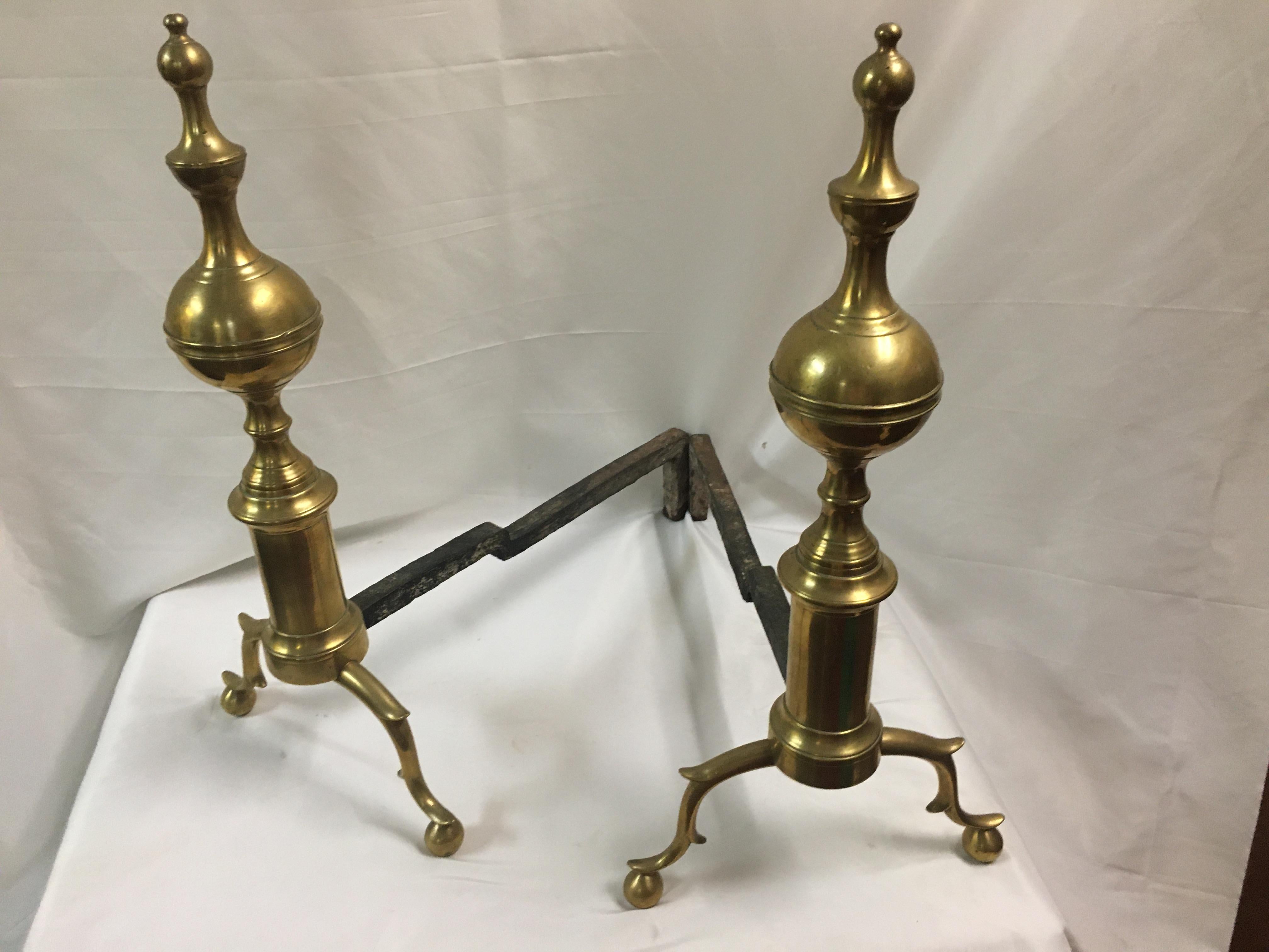 Late 18th Century 18th c American Chippendale Tall Brass Andiron Firedog Pair For Sale
